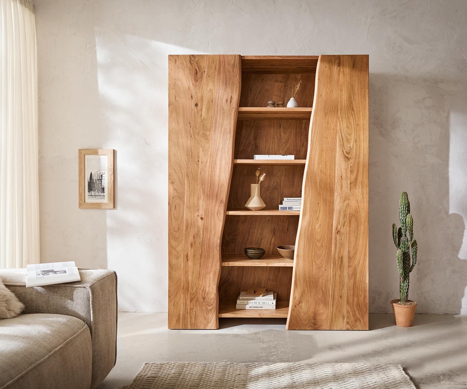 DELIFE Regal Live-Edge, Akazie Natur 140x195 cm 2 Türen