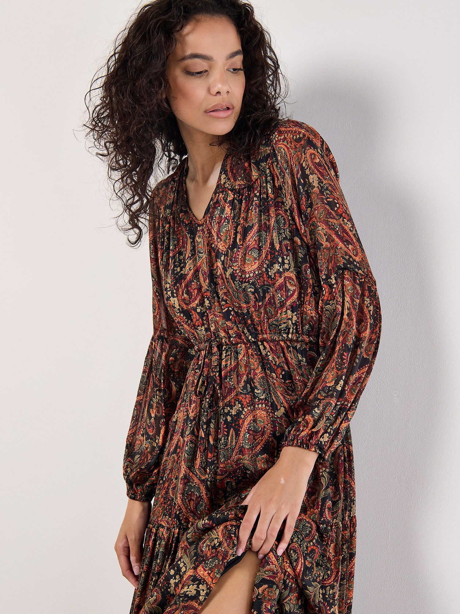 Apricot Druckkleid Paisley-Midikleid (2-tlg) mit Ballonärmeln und Bindeband