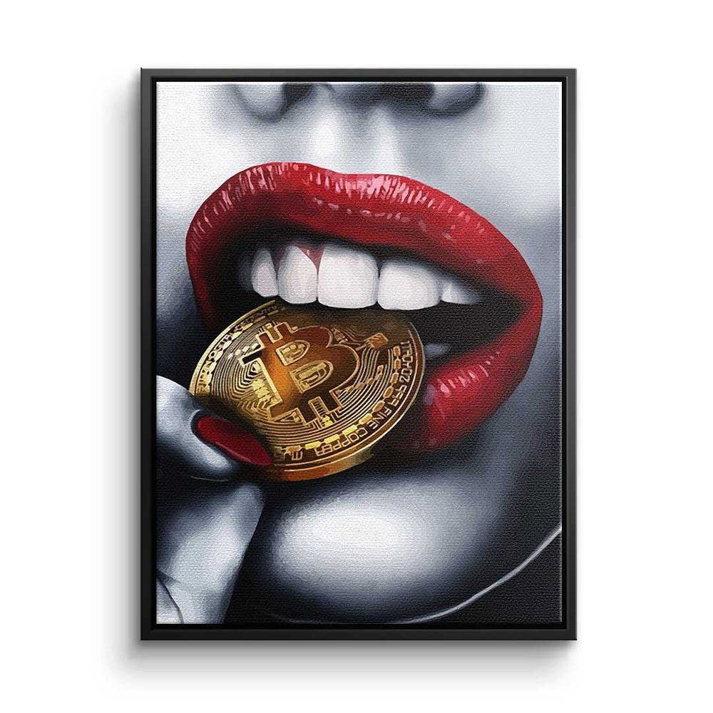 DOTCOMCANVAS® Leinwandbild Bitcoin Girl, Leinwandbild Bitcoin girl Crypto Münze elegant Erotik rote Lippen mit schwarzer Rahmen