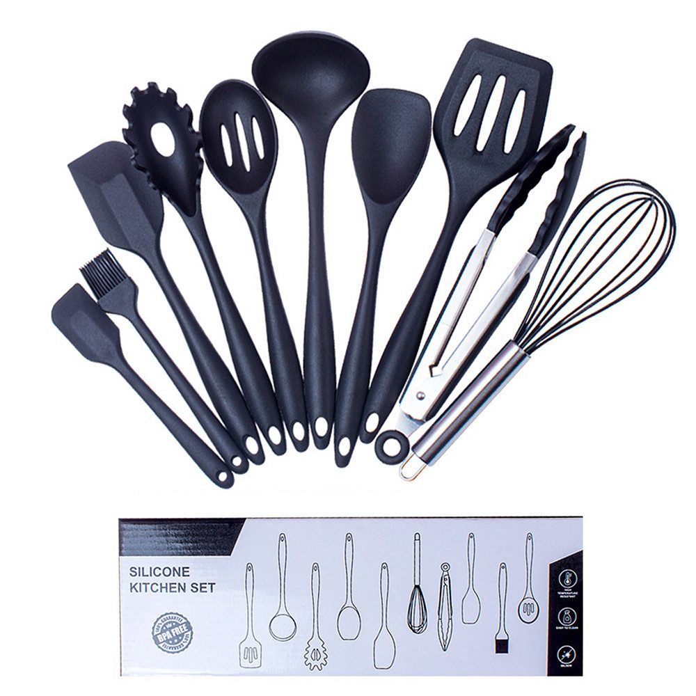 STILVORA Kochbesteck-Set 10er Silikon Küchenutensilien Küchenhelfer-set,Kochbesteck-set (Hitzebeständiger Küchenhelfer Set zum Kochen Spülmaschinenfest, 10-tlg., Kochbesteck mit Zange Pfannenwender Schneebesen Pinsel), Spülmaschinengeeignet Kochzubehör für kochen und backen usw