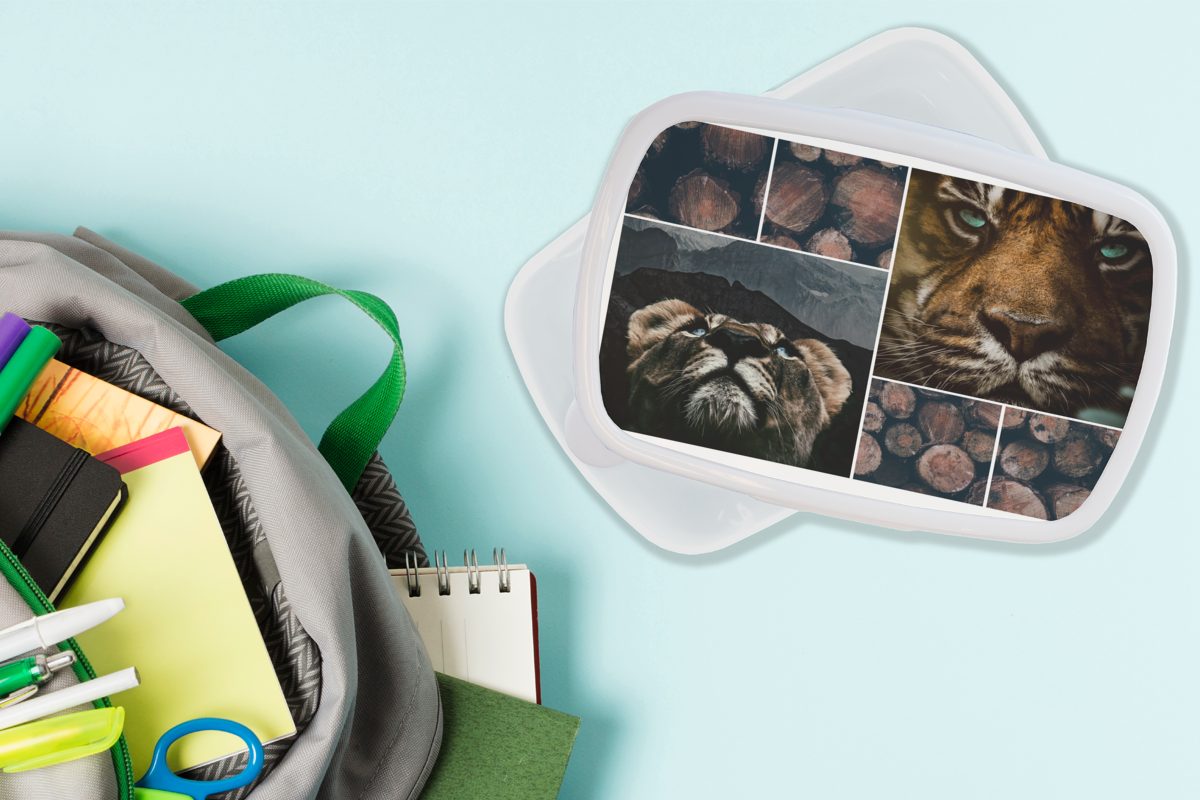 MuchoWow Collage für Kinder weiß Kunststoff, (2-tlg), - Erwachsene, für Holz, und Mädchen - Jungs Lunchbox Brotdose, Tiger und Brotbox