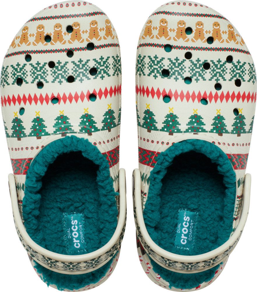 Crocs Classic Lined Isle Clog K Clog Weihnachtsschuh, Hausschuh mit buntem Festive Print