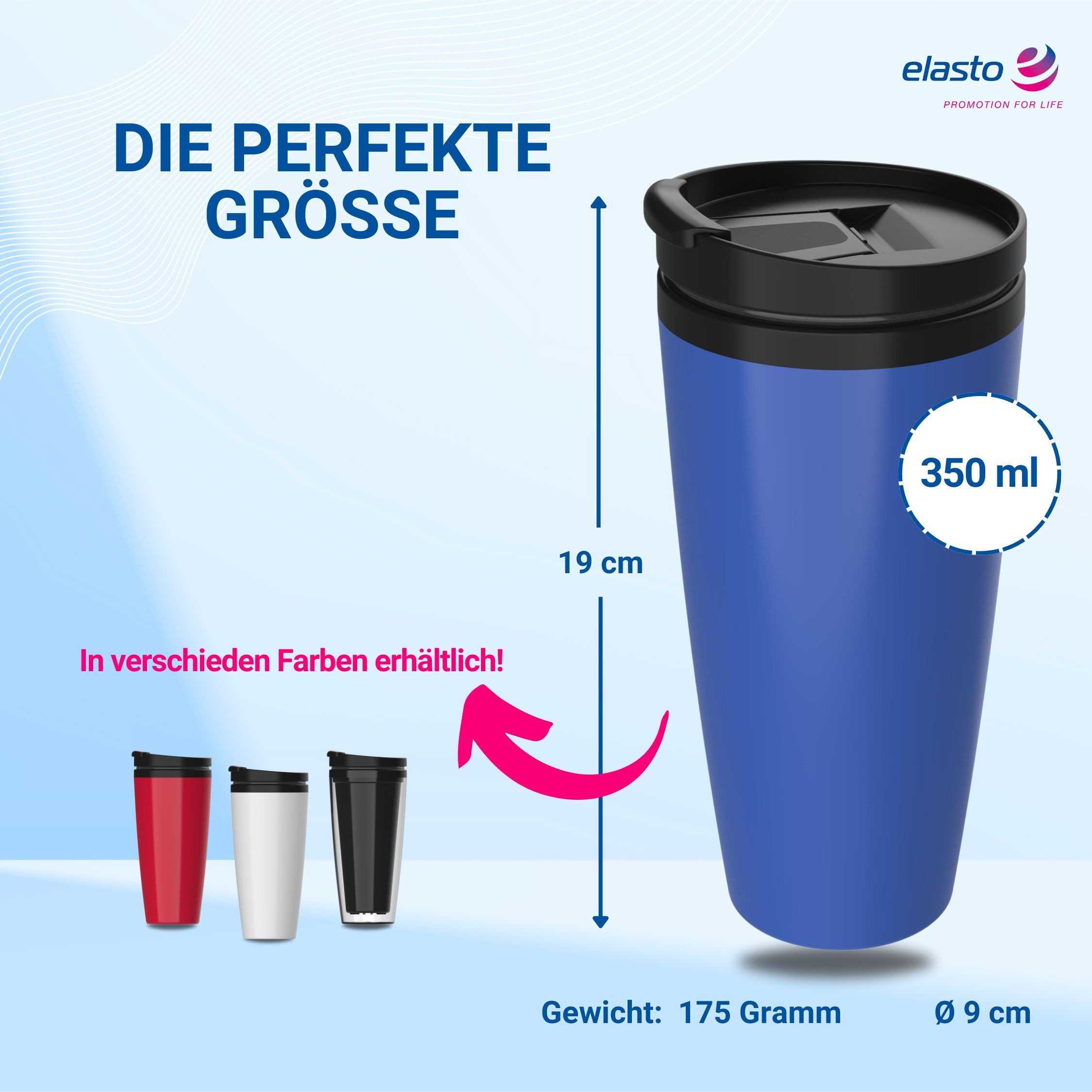elasto Thermobecher 350ml doppelt isolierter Kaffeebecher To Go inklusive Deckel, Made in Germany, BPA-frei, 100% recyclebar, Heißgetränke, Teebecher