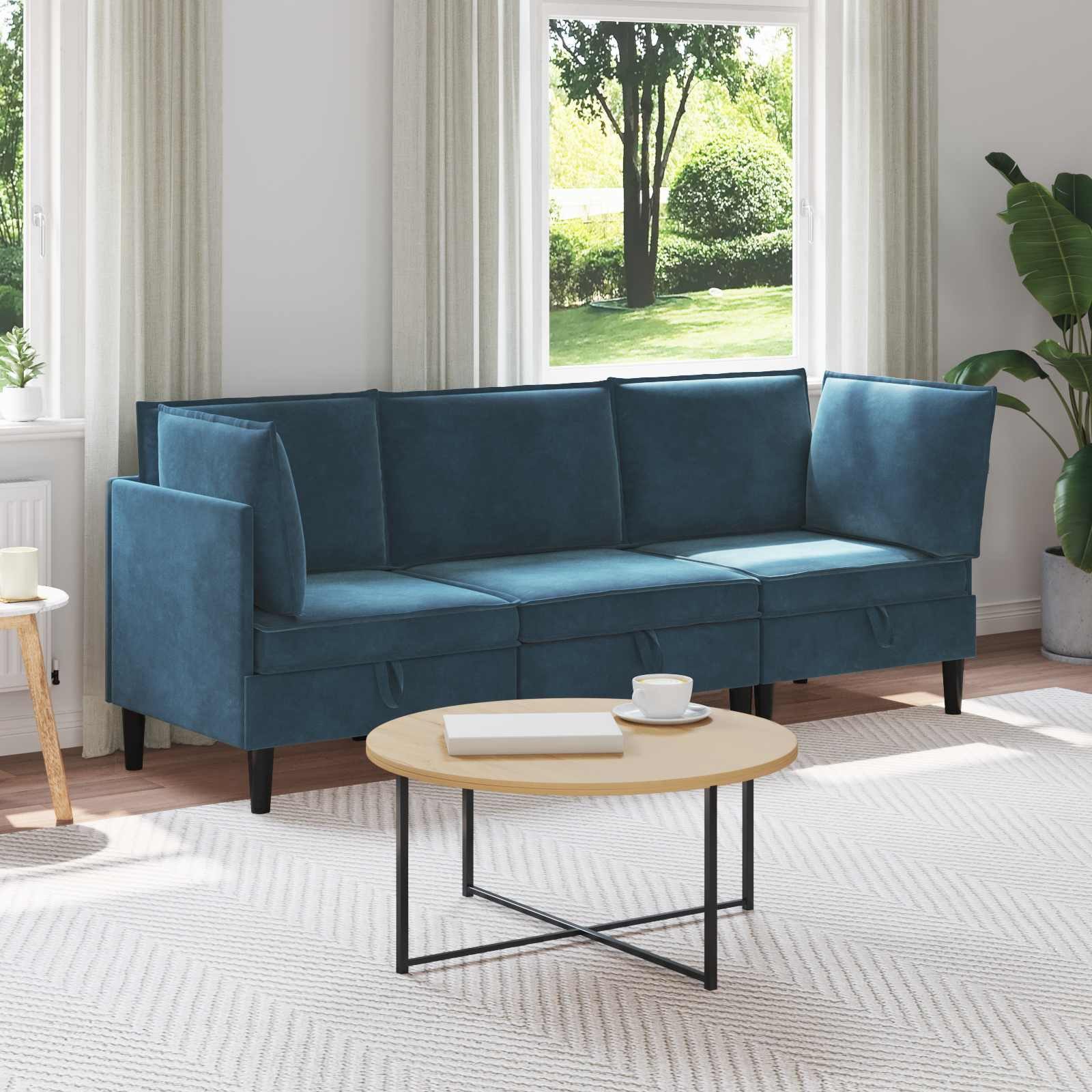 vidaXL Wohnzimmer-Set Wohnzimmergarnitur mit Kissen mit Speicher 3 pcs Blau Samt, (3-St)