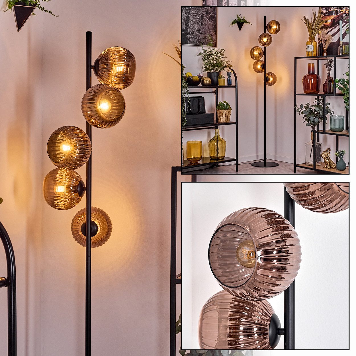 hofstein Stehlampe Stehlampe aus Metall/Riffelglas, Schwarz/Kupfer, Retro/Vintage-Design, ohne Leuchtmittel, moderne Stehleuchte, Ø Schirme 15 cm, Fußschalter, 160 cm, E14
