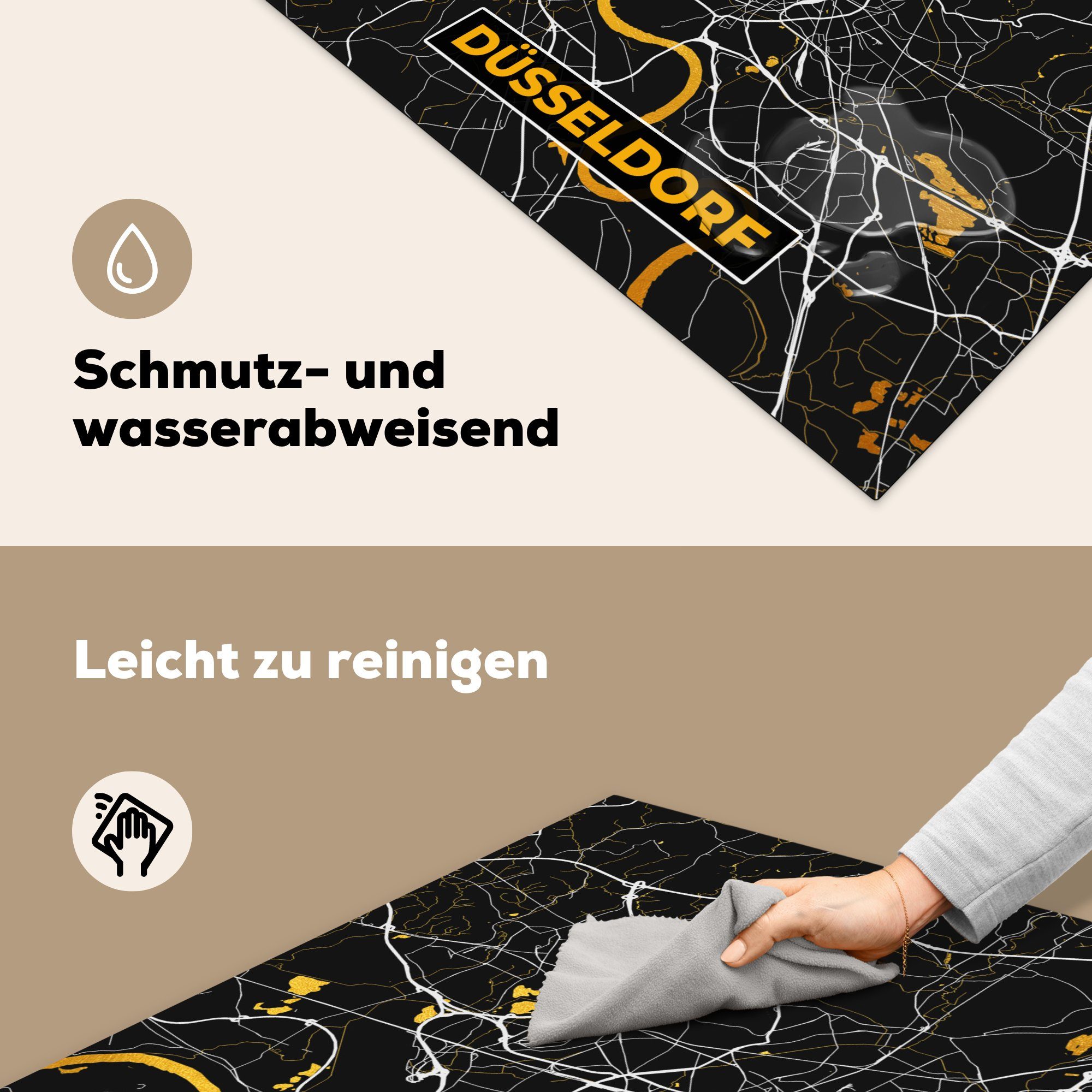 Gold Vinyl, küche - tlg), Deutschland, Düsseldorf Herdblende-/Abdeckplatte 78x78 - - Stadtplan Karte für - Ceranfeldabdeckung, cm, Arbeitsplatte MuchoWow (1