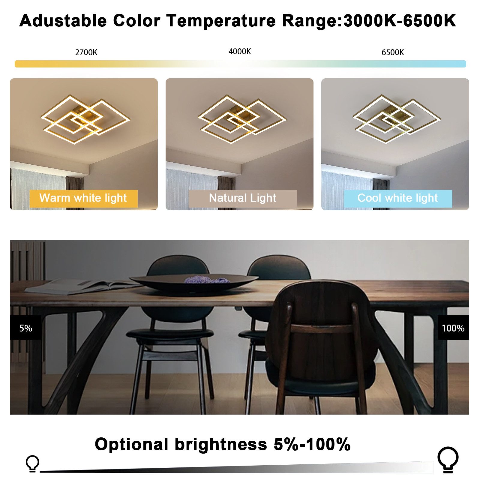 Riserva LED Deckenleuchte LED Deckenleuchte 48W dimmbar, Gold, 3000K–6500K, mit Fernbedienung