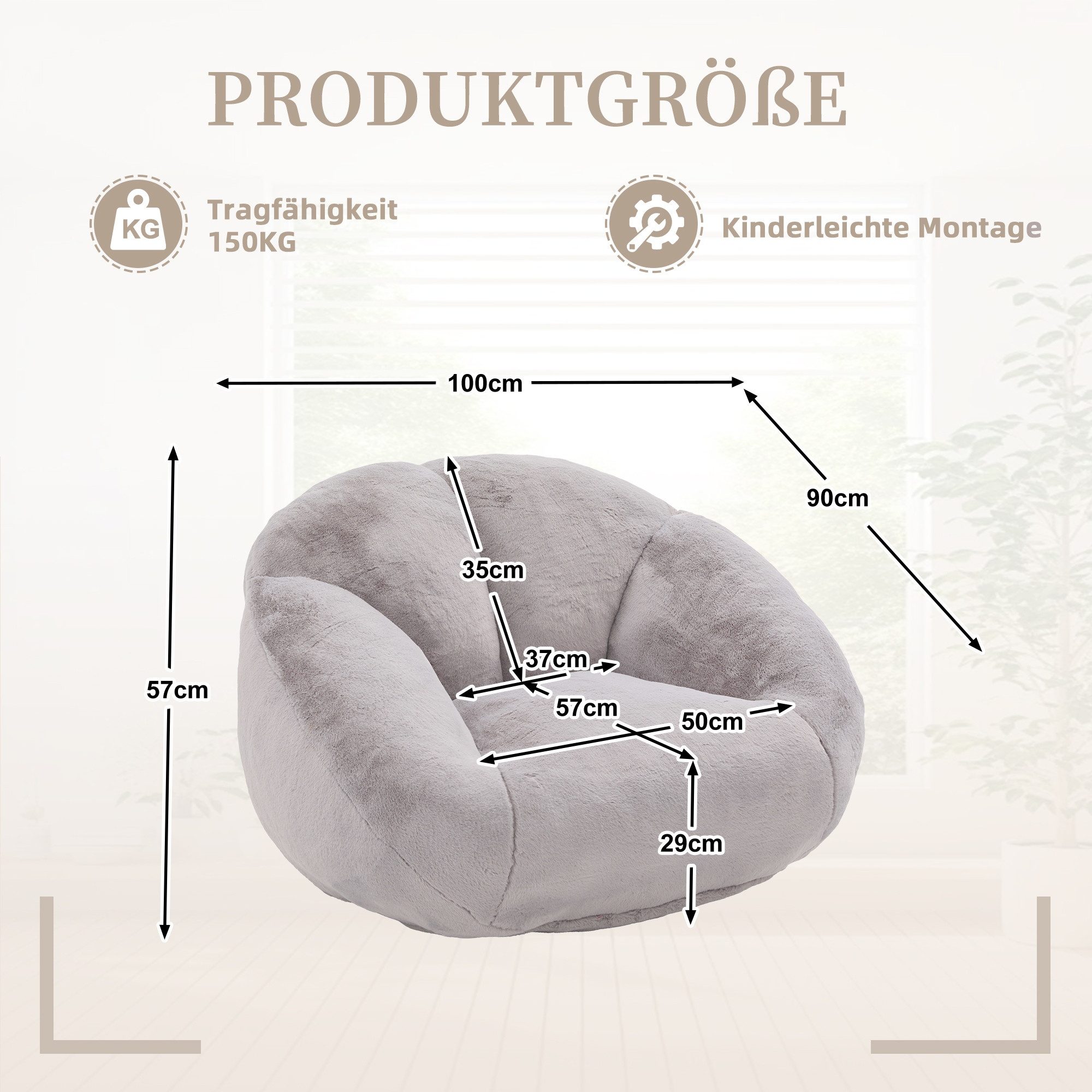 LVHOM Sitzsack 100x90x57cm Kunstfell, Einzelsofa,Blütenblatt-/Muscheldesign,flauschig (Komfortable Memory-Schaum-Füllung, ergonomisches Design, rutschfeste Unterseite, Belastbarkeit bis 150 kg, kein Aufbau erforderlich,auch als Dekoration), ideal für Wohnzimmer/Lounges/Arbeitszimmer/Schlafzimmer/ Homeoffices