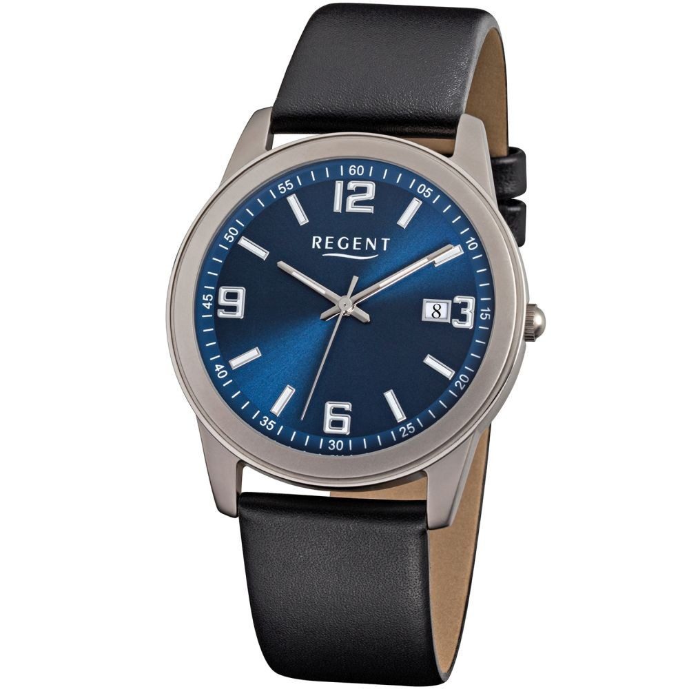 Regent Titanuhr REGENT Herren Armbanduhr F-844 blau D. 38 mm Lederband schwarz