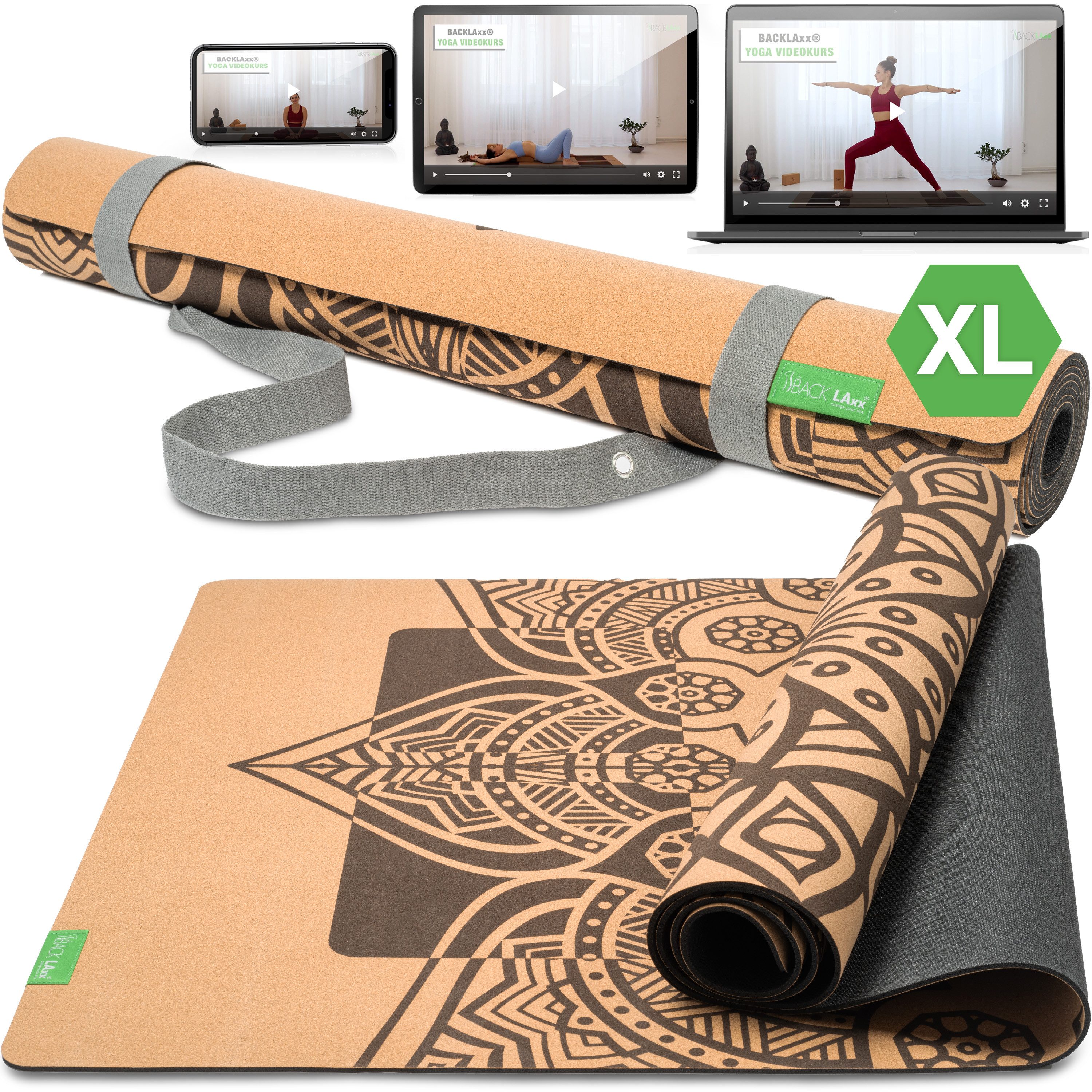 Yogamatte Kork XXL mit, Gymnastikmatte mit Anti-Rutschzonen 200 x 84 cm