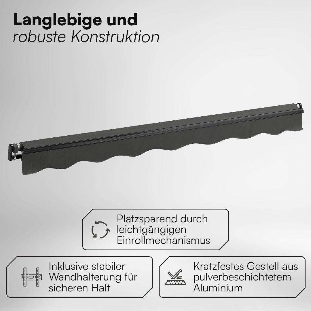 STEELSØN Gelenkarmmarkise Kestria wetterfest & blickdicht, Alu-Kassette, Wandhalterung & Gewebe (300x250 cm, anthrazit) langlebiges Kunststoffgewebe, Markise fü – Bild 4 von 5