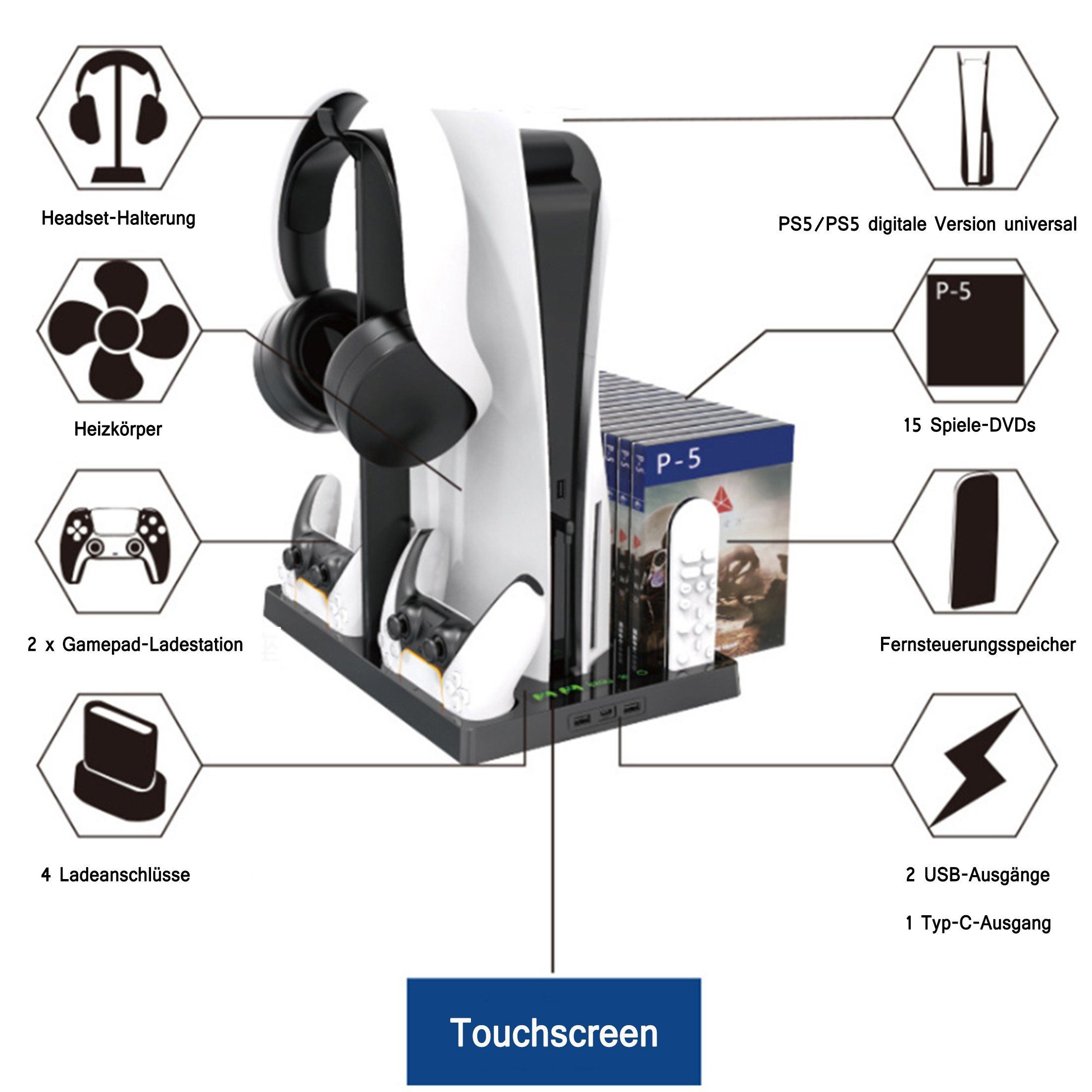 KINSI PS5 Ladestation mit Kühlfunktion&Kopfhörerhalter für PS5 Digital/Disc Controller-Ladestation (Vertikalständer mit 2-fach Ladedock,15 Disc Halter & Kühlgebläse)