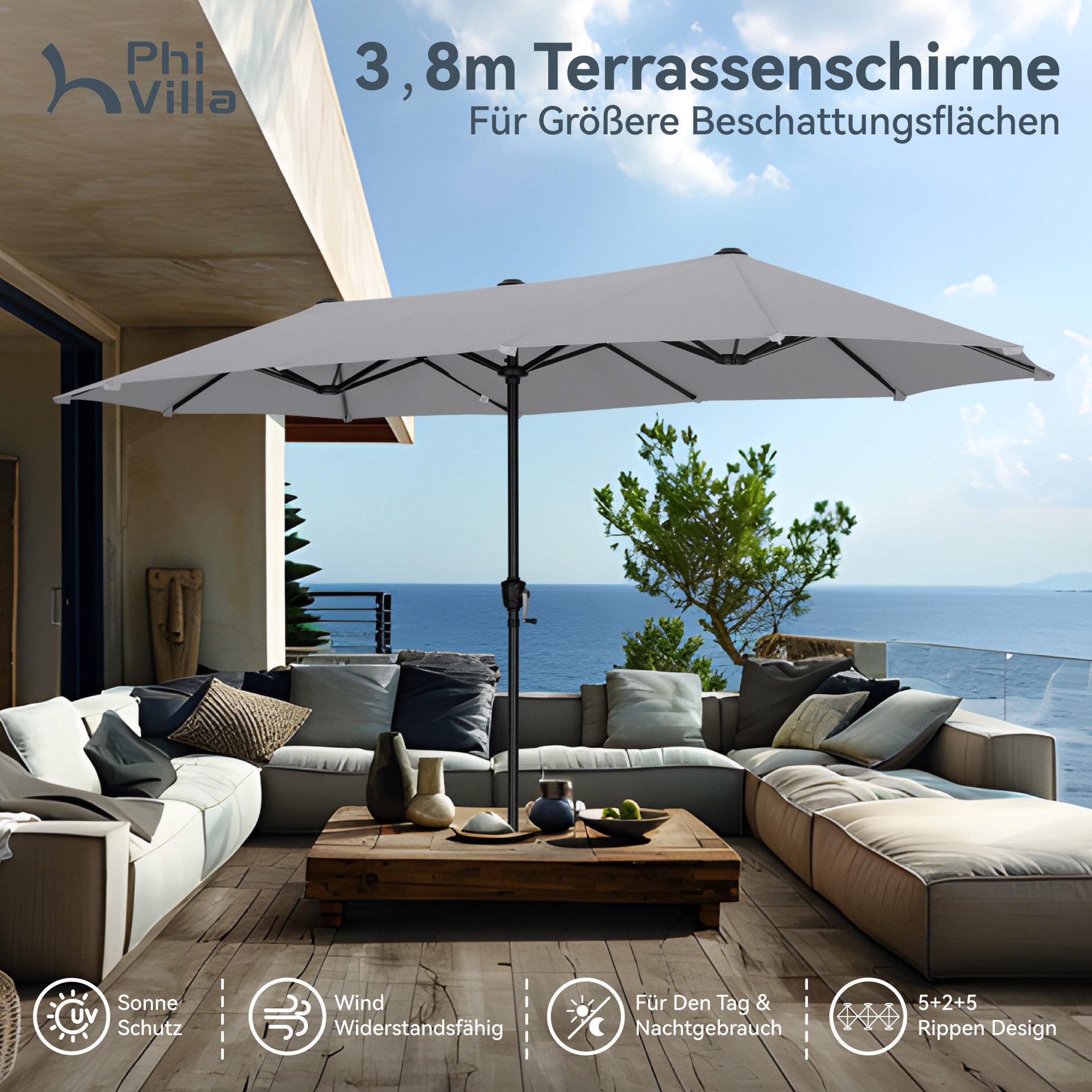 PHI VILLA Sonnenschirm, Balkon Rechteckig Groß Balkonschirm Garten Gartenschirm mit Kurbel UV Schutz Parasol Windfest, Mit der rostfreien Stahlstange und 12 Stahlrippen