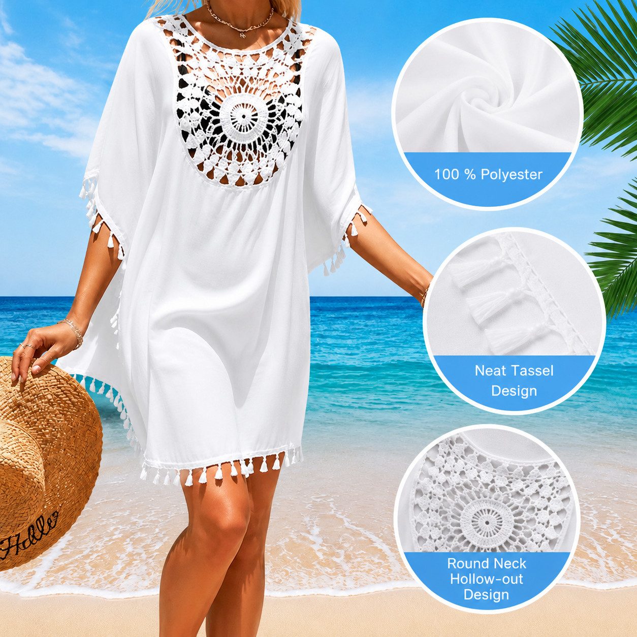MOPUEA Strandkleid Damen Bikini Cover Up Strand-Tunika mit Fransen Strandbekleidung (mit Boho-Ohrringen, 1-tlg., Filigrane Häkelspitze umrahmt den tiefen V-Ausschnitt) Einheitsgröße mit Wohlfühlgarantie