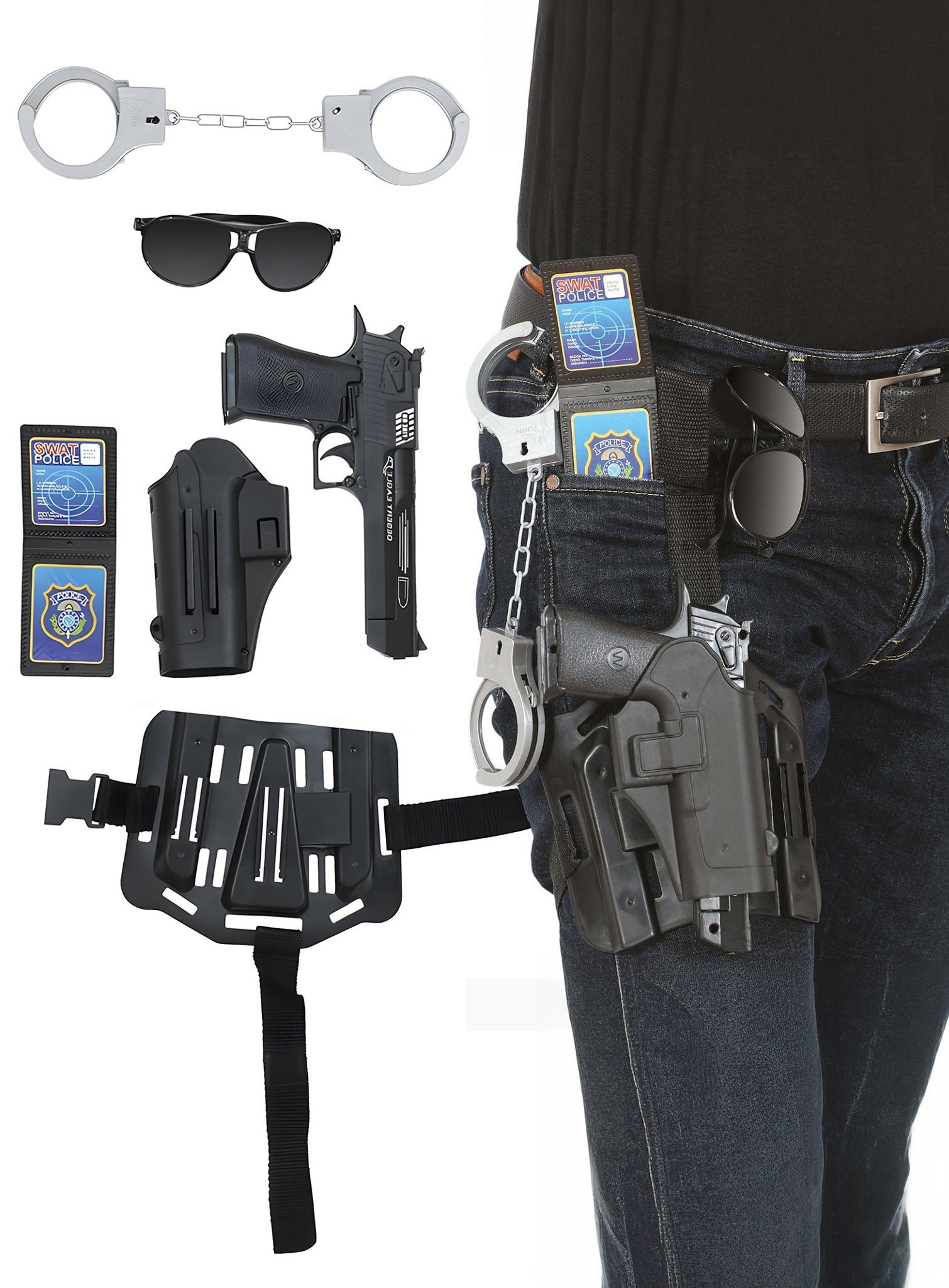 Metamorph Polizei-Kostüm Polizei Ausrüstungsset, Beinholster mit Pistole und Zubehör für knallharte Cops