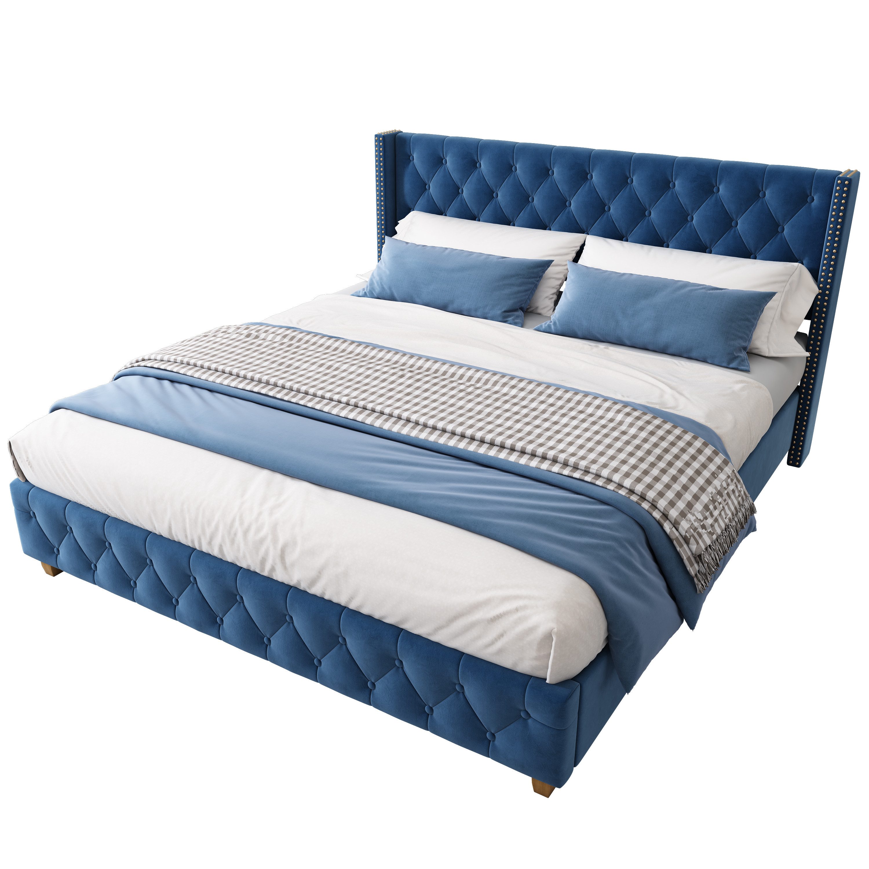 Flieks Polsterbett, Massivholz Doppelbett 160x200cm mit Lattenrost und Polster-Kopfteil