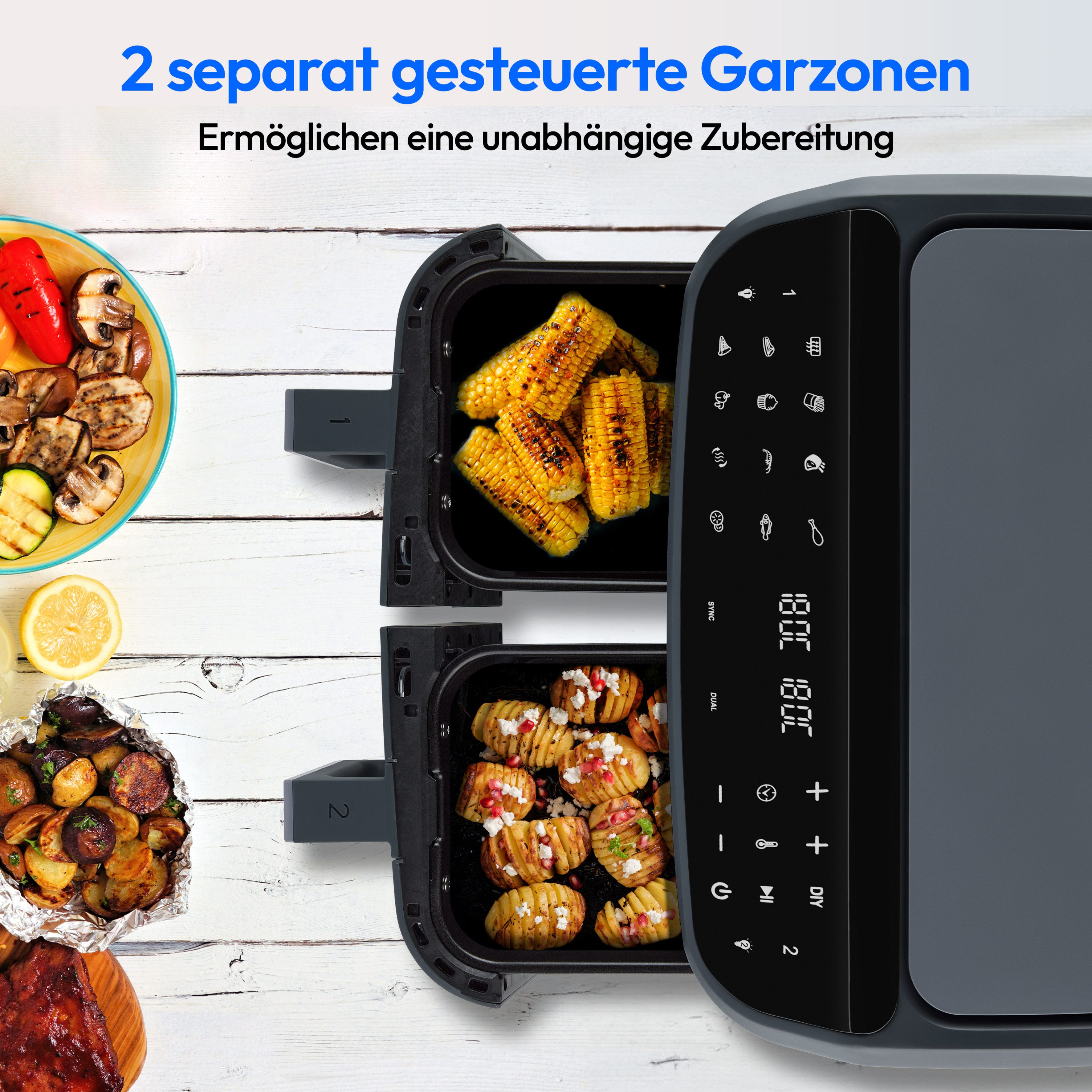 Medion® Heißluftfritteuse MD 11760, 2400 W, Temperatur 50 - 200 °C, ILAG Beschichtung, Sync-Finish