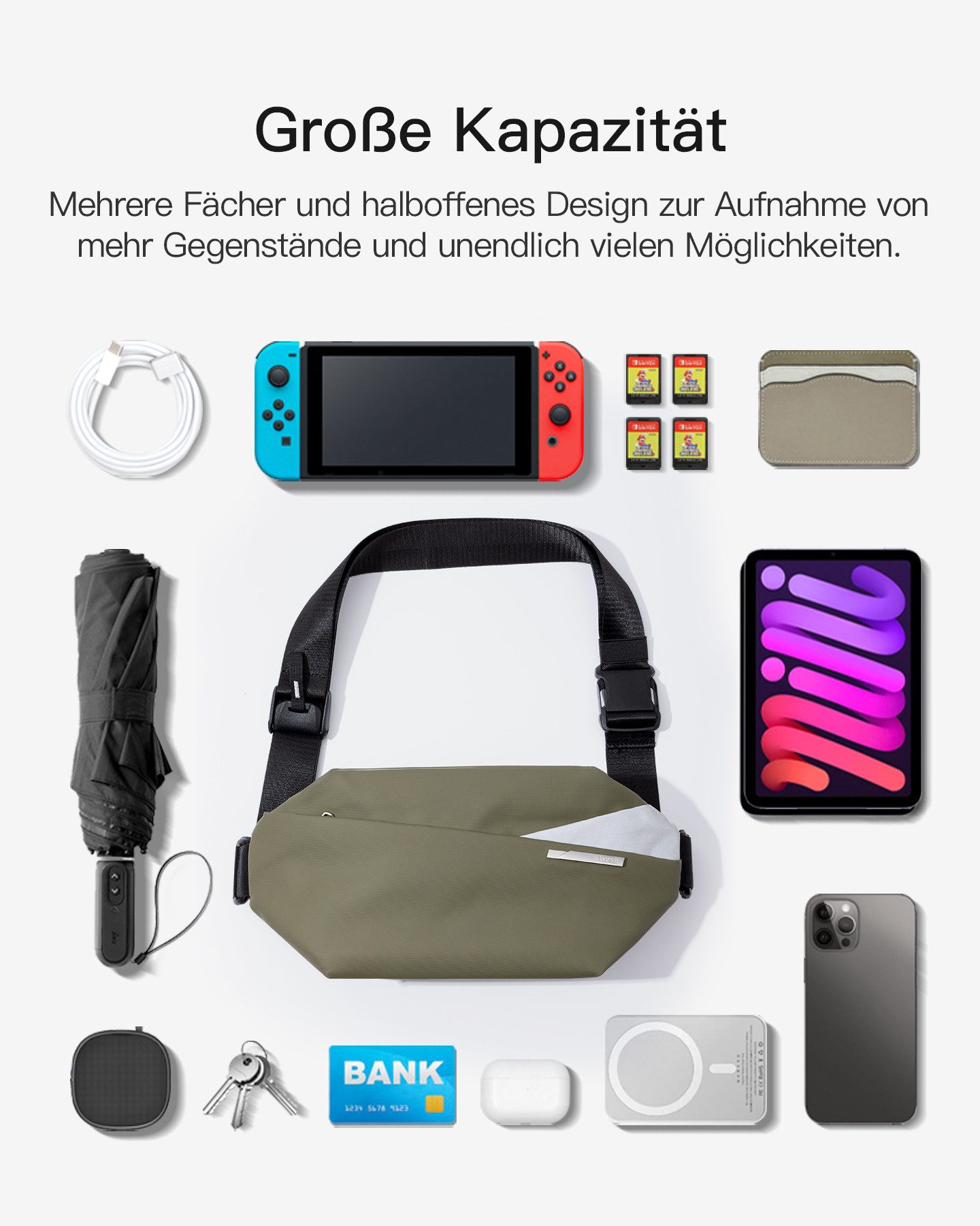 Inateck Umhängetasche Bauchtasche 4L, Stylische Sling Bag Herren Damen, Schultertasche, für Reise Schule Wandern, Wasserdicht