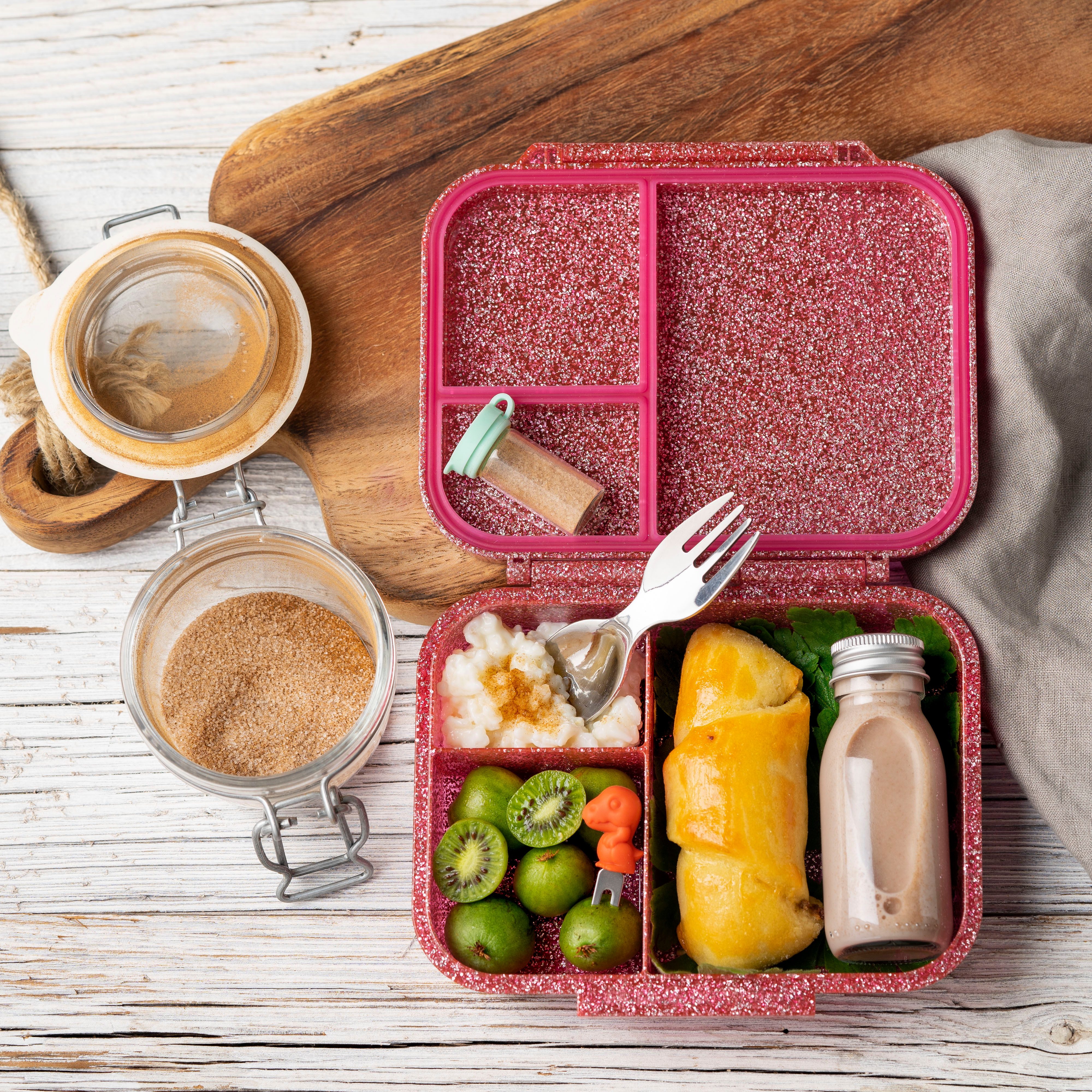 LEKKABOX Lunchbox Mini Glitzer Brotdose, 3 Fächer - Kinder Bento Box Vesperdose Brotbox, Für feuchte Lebensmittel auslaufsichere Bento Box, inkl. extra Trenner