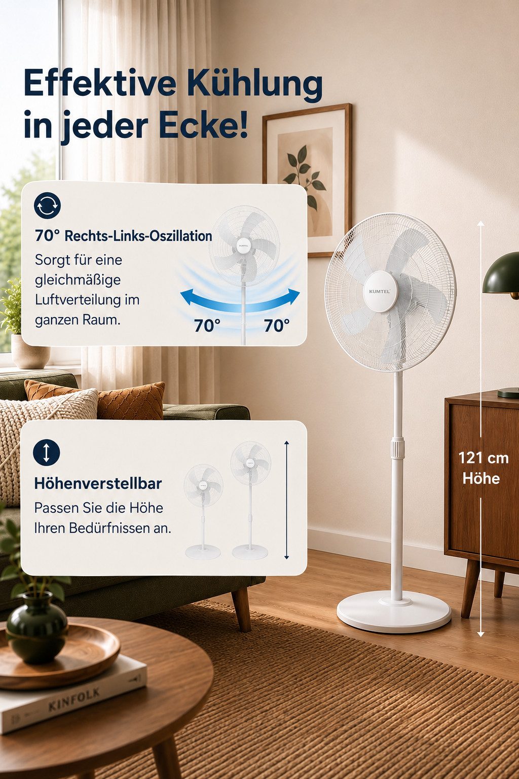 KUMTEL Standventilator KTF-350, 50 W, oszillierend, 5-Blatt-Rotor, geräuscharmer Betrieb