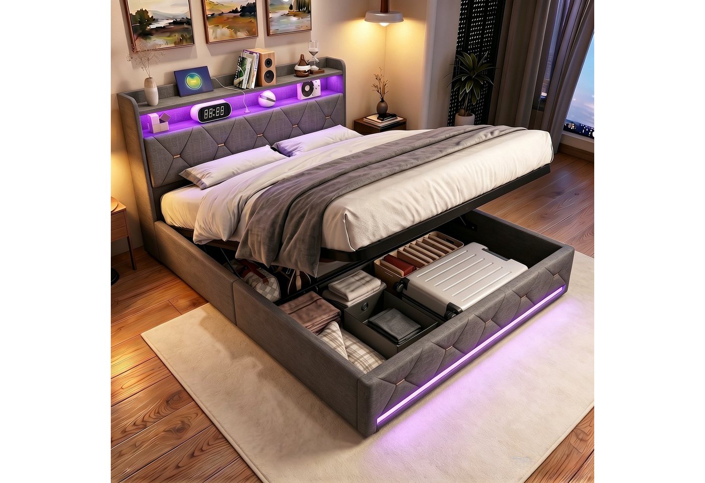 Gdood Polsterbett Stauraumbett Doppelbett LED (1 tlg., Inkl. Bettkasten), Mit LED-Beleuchtung, Ladefunktion, Leinen, 160x200 cm