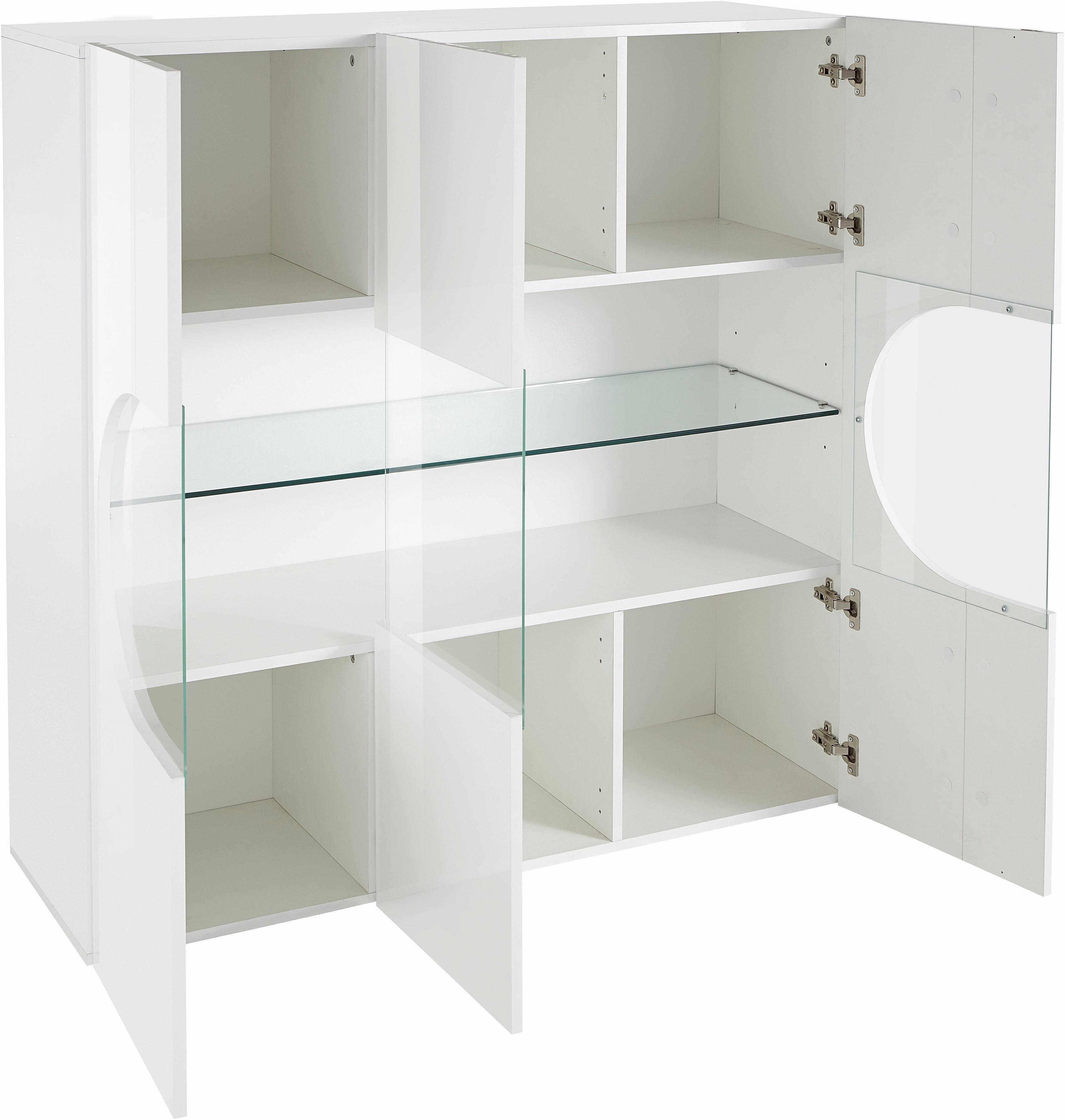 Home affaire Highboard Real,Highboard,Kommode,Schrank mit 3 Türen,komplett hochglanz lackiert, mit 3 Türen, davon 2 aus Glas, mit einer großen Glasablage, Höhe 121