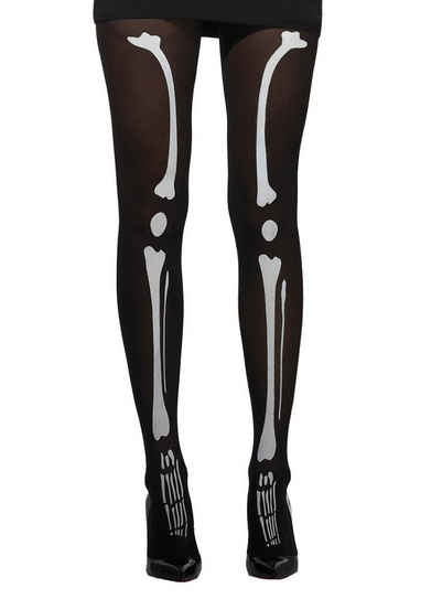 Smiffys Kostüm Knochen Design Strumpfhose, Schwarze Strumpfhose mit weißem Skelettaufdruck