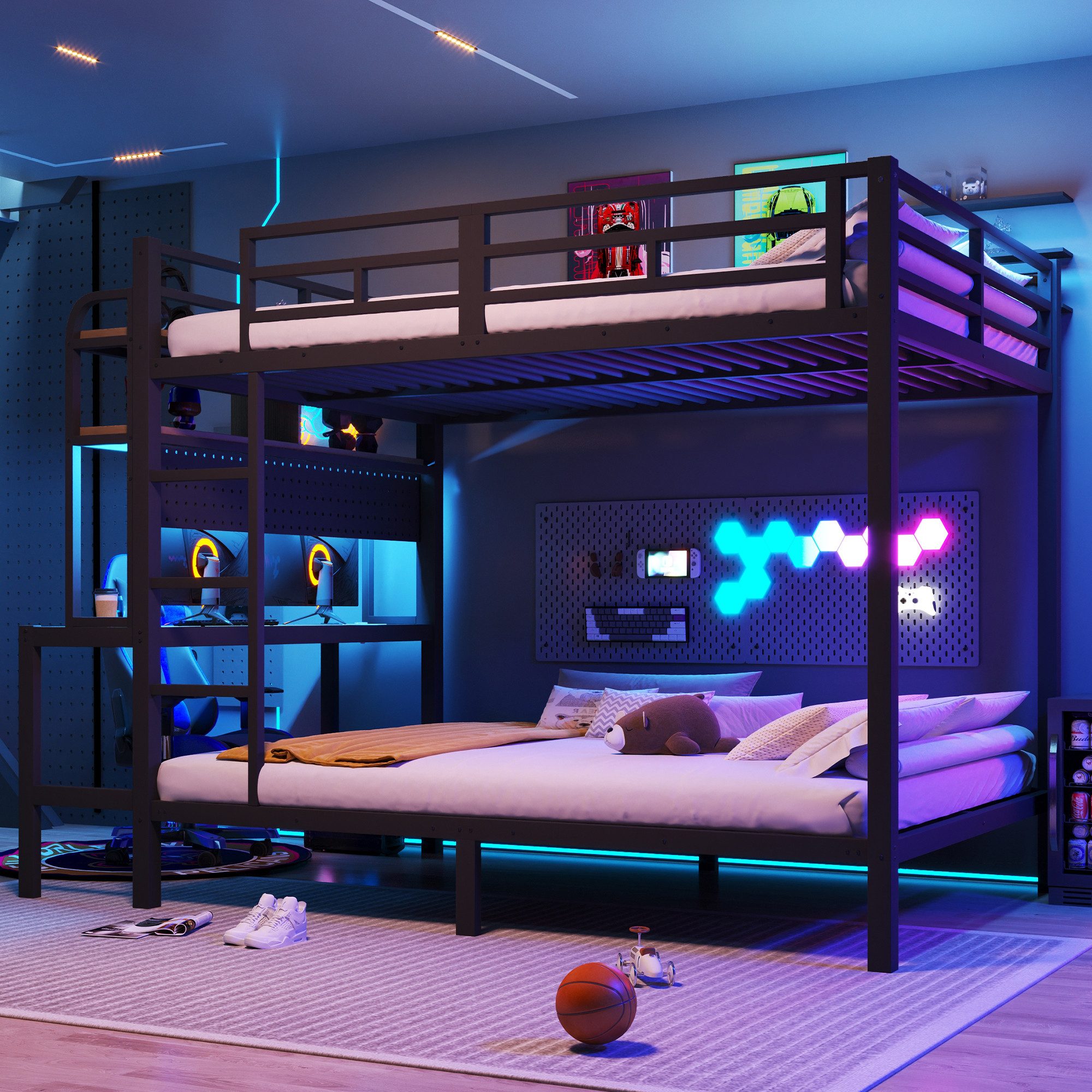 Flieks Etagenbett, Kinderbett Metallbett 140x200cm mit Stauraumregal Schreibtisch LED&USB