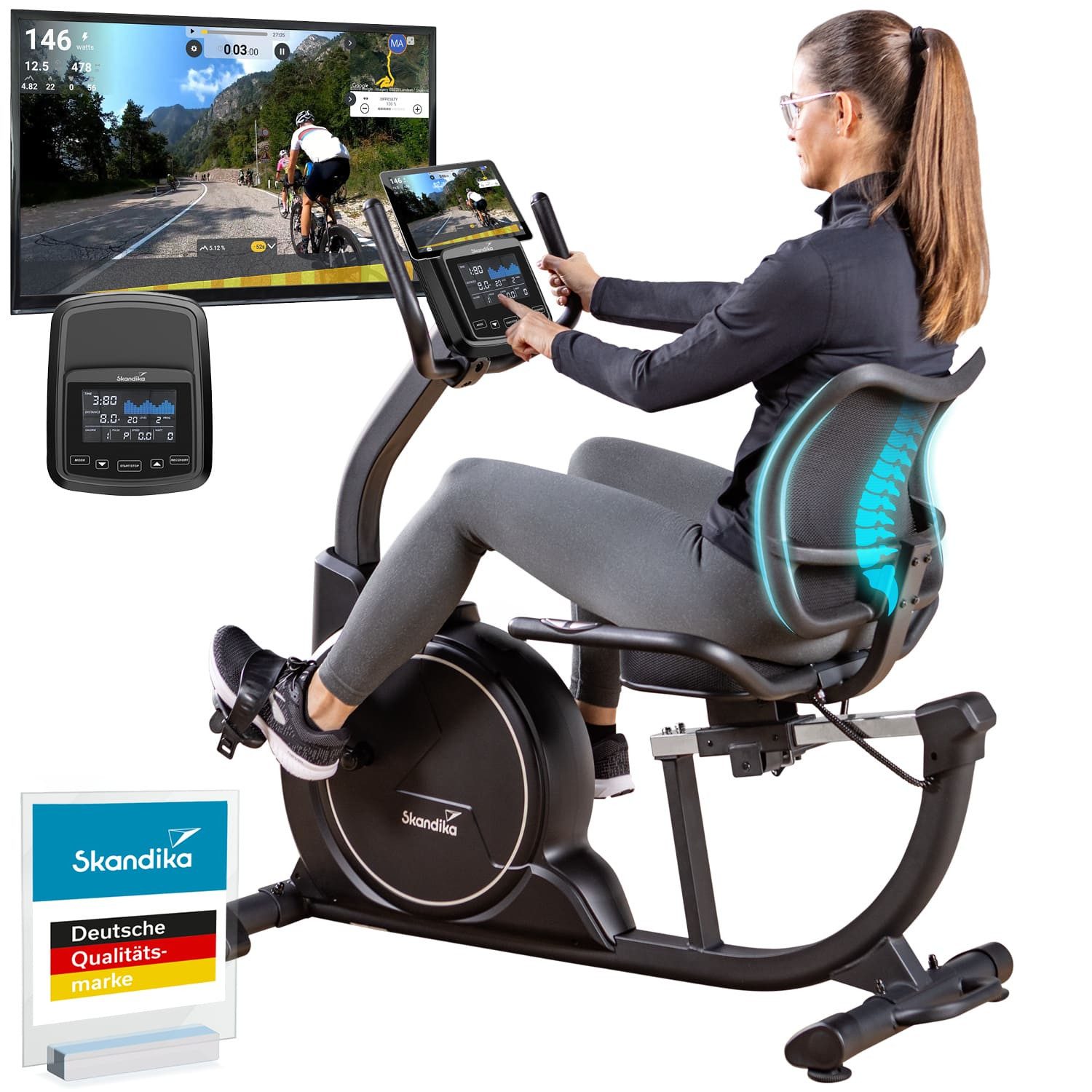 Skandika Heimtrainer Liegeergometer Cykling P8 Comfort, mit LCD Display, Magnetbremse (Bluetooth, Schwungmassensystem 8kg, Transportrollen, Handpulssensoren), 32 Widerstandsstufen, bis 120 kg und 195 cm, Kinomap App kompatibel