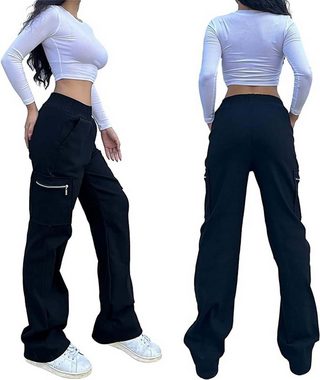 FIDDY Latzhose Damen Taschen Gummizug High Waist Straight Weites Bein Freizeithose