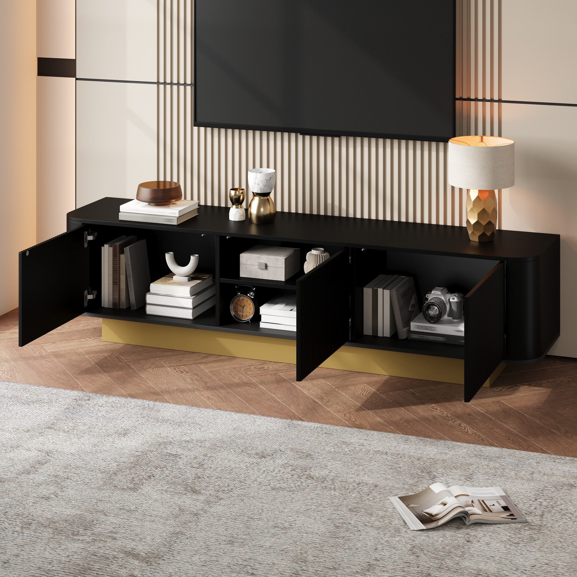 OKWISH Lowboard 170x40,5x47 cm mit 3 Türen und Kabelmanagement (Packung, 1 St., geräumige Fächer mit verstellbarem Regal in der Mitte), Abgerundetes Design,Texturfront, – Medienkonsole Wohnzimmer