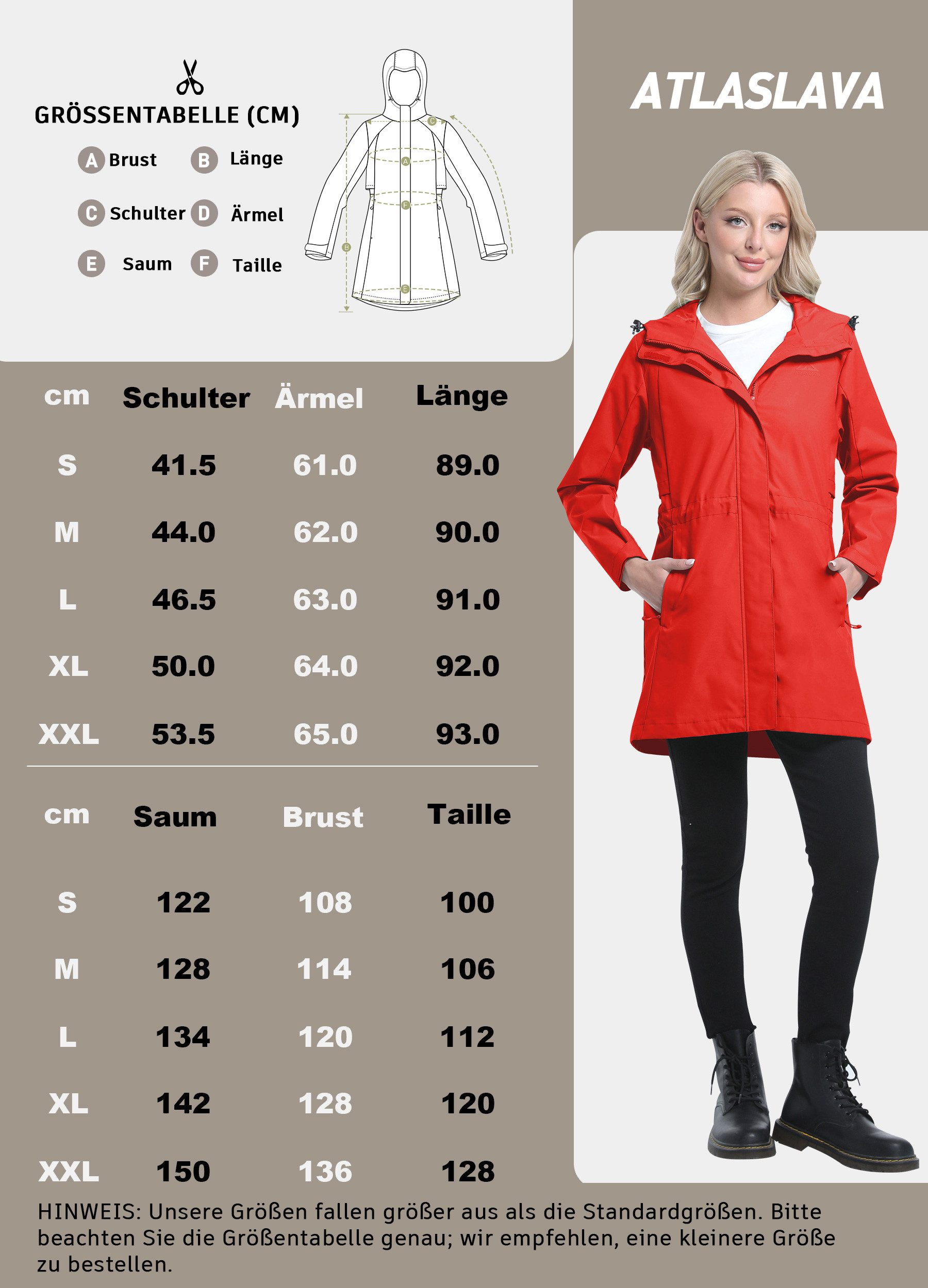 ATLASLAVA Regenjacke Damen Lang Softshelljacke Regenmantel (1-St) Frauen Trenchcoat Windbreaker Leichte Übergangsjacke Mantel