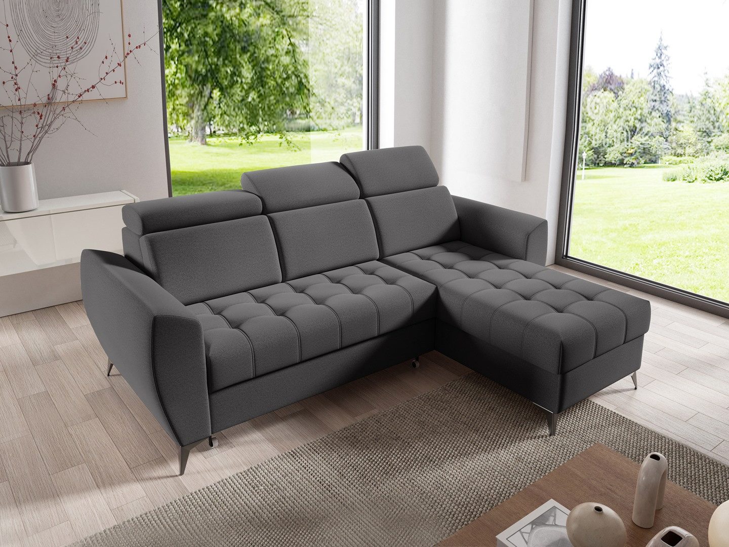 Beautysofa Ecksofa Aurora I 3-Sitzer mit Schlaffunktion in modernem Stil, Automatik zum Ausklappen vom Typ Delfin, Verstellbare Kopfstützen