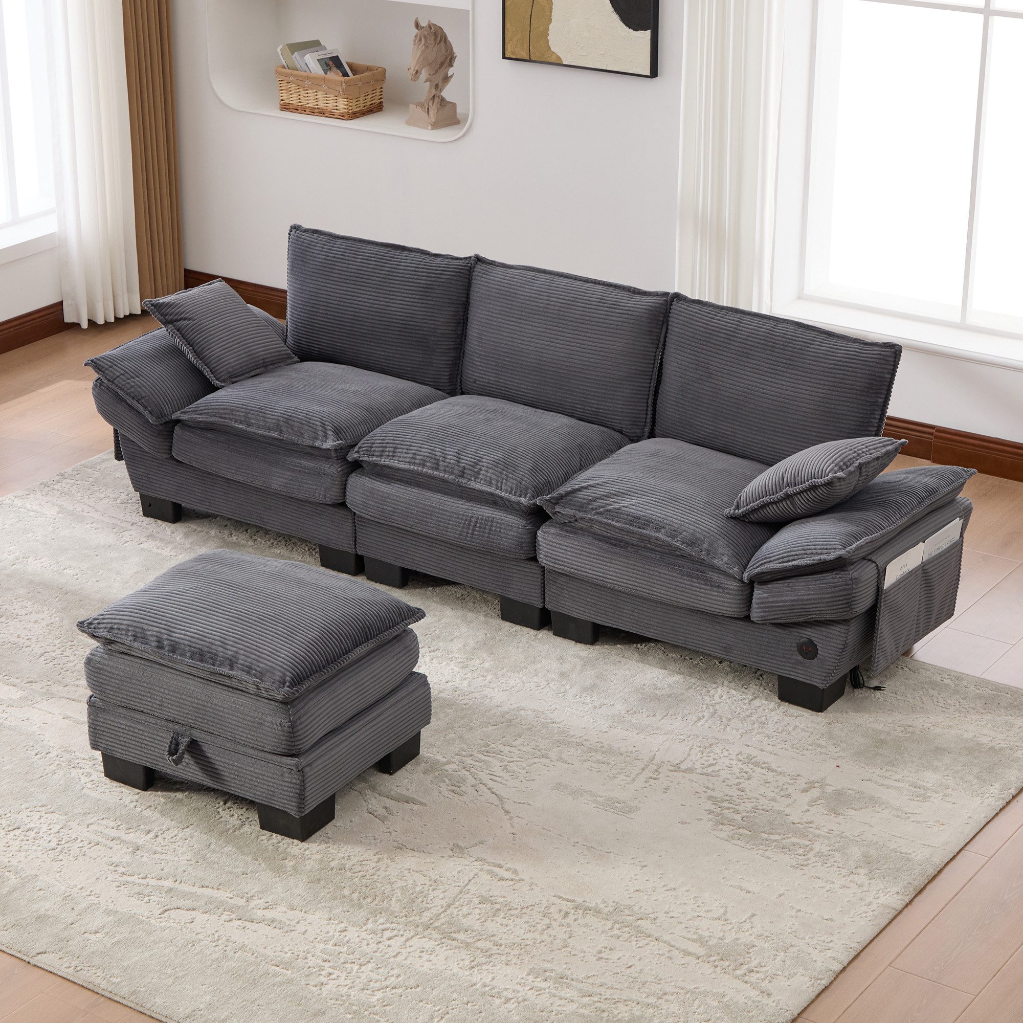 HAUSS SPOLE Loungesofa 3-Sitzer Cordsofa mit einer Hocker,Relaxsofa Seitentaschen,Dunkelgrau, Relaxsofa aus hochwertige Corduroy-Stoff, Ideal für Wohnzimmer, Büro oder Lounge