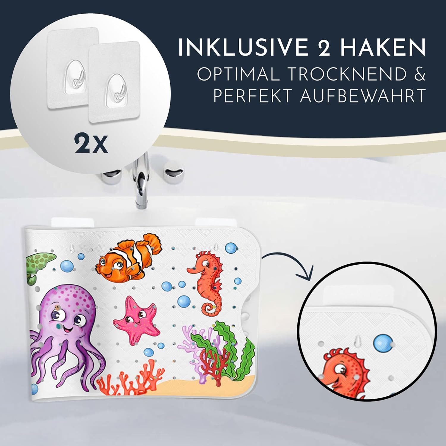 Homerella Badematte rutschfest Kinder - 100% BPA frei Inkl. 2 Haken zum Aufhängen 100x40cm, Antirutschmatte Badewanne Baby hautsensitiv & schimmelresistent, Bad – Bild 3 von 5