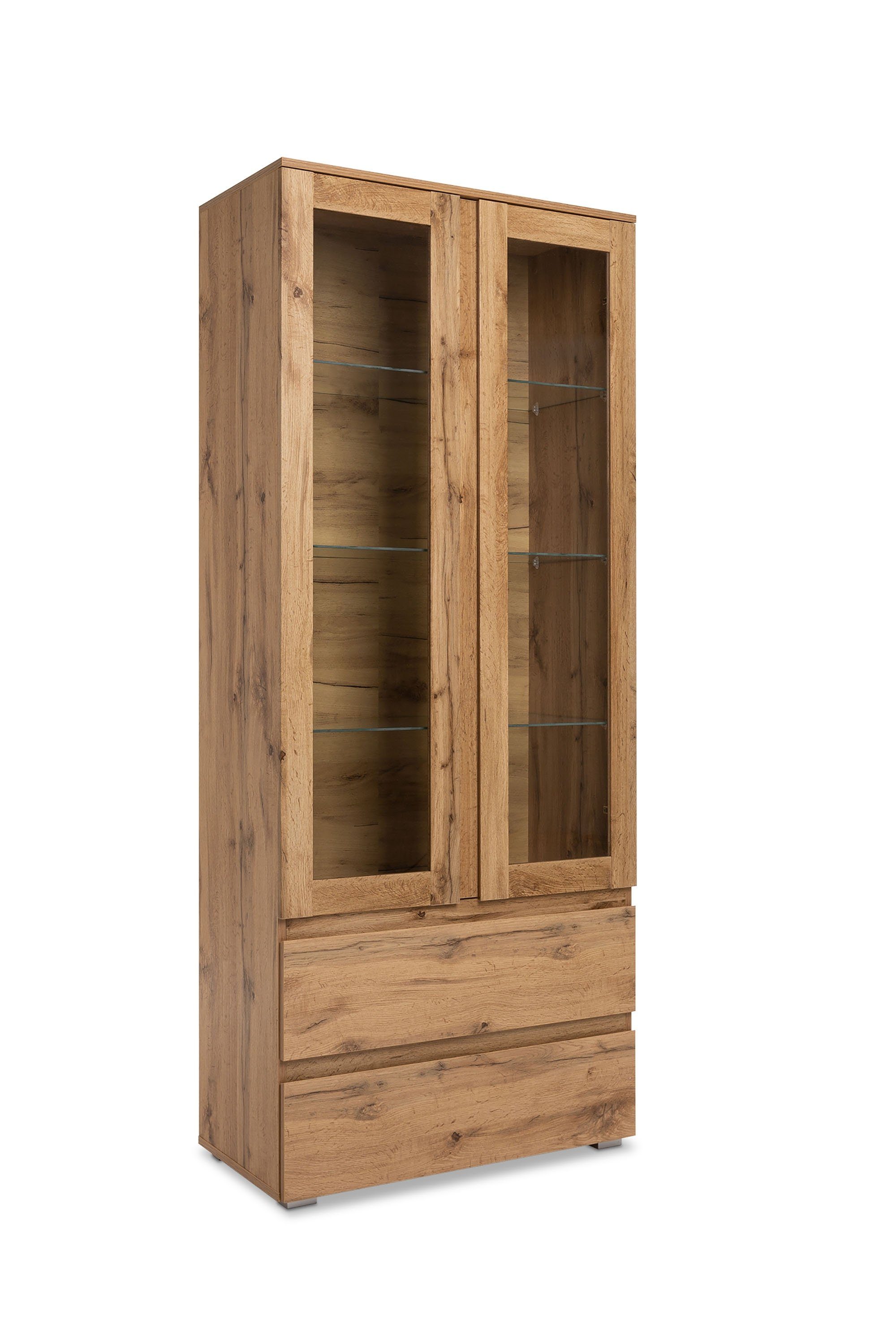 Newroom Standvitrine Dekor Honig Eiche 80 cm Vitrine Honig Eiche Dekor Vitrinenschrank Modern Wohnzimmer Küche