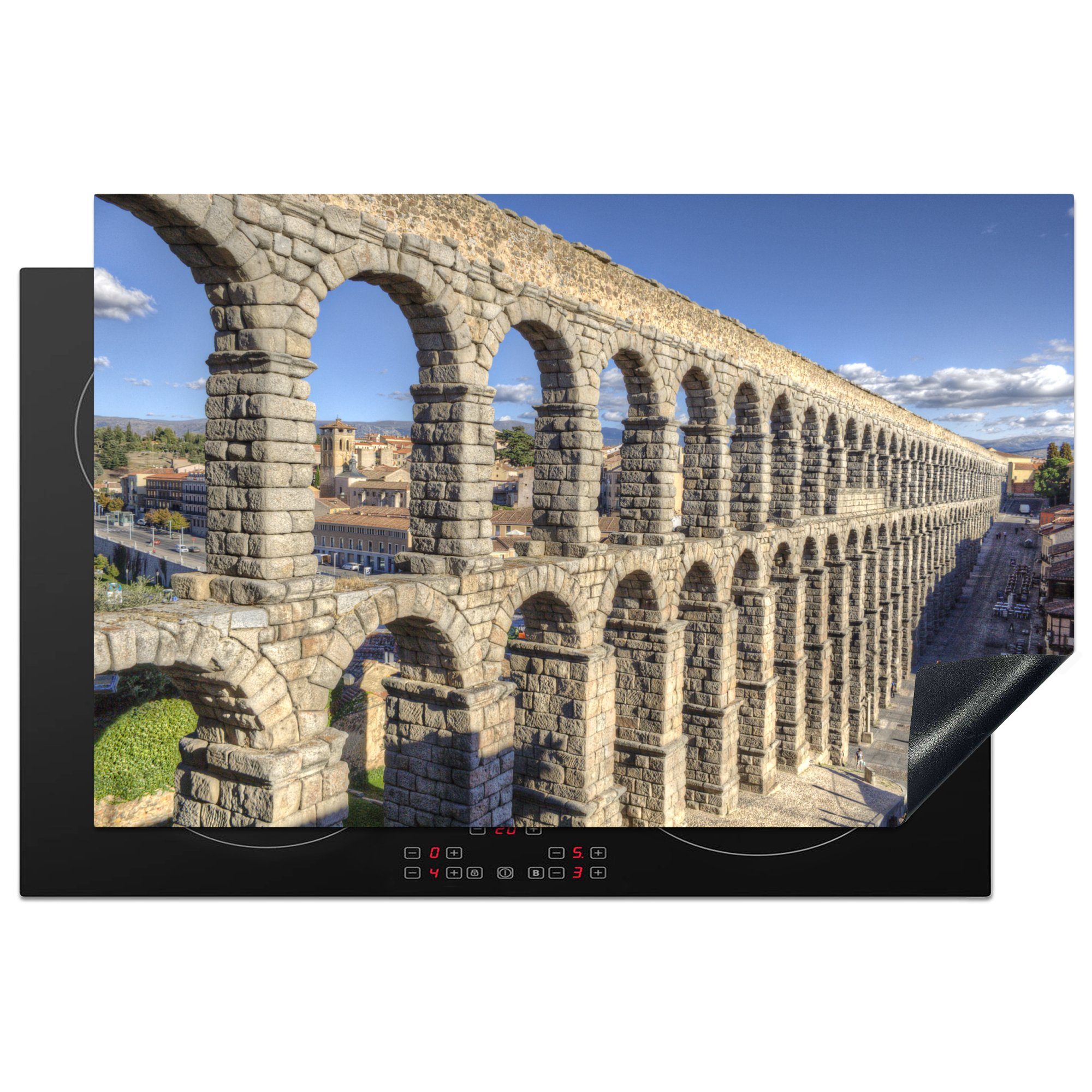 MuchoWow Herdblende-/Abdeckplatte Blauer Himmel über dem Aquädukt von Segovia auf der Iberischen, Vinyl, (1 tlg), 81x52 cm, Induktionskochfeld Schutz für die küche, Ceranfeldabdeckung | Herdabdeckplatten