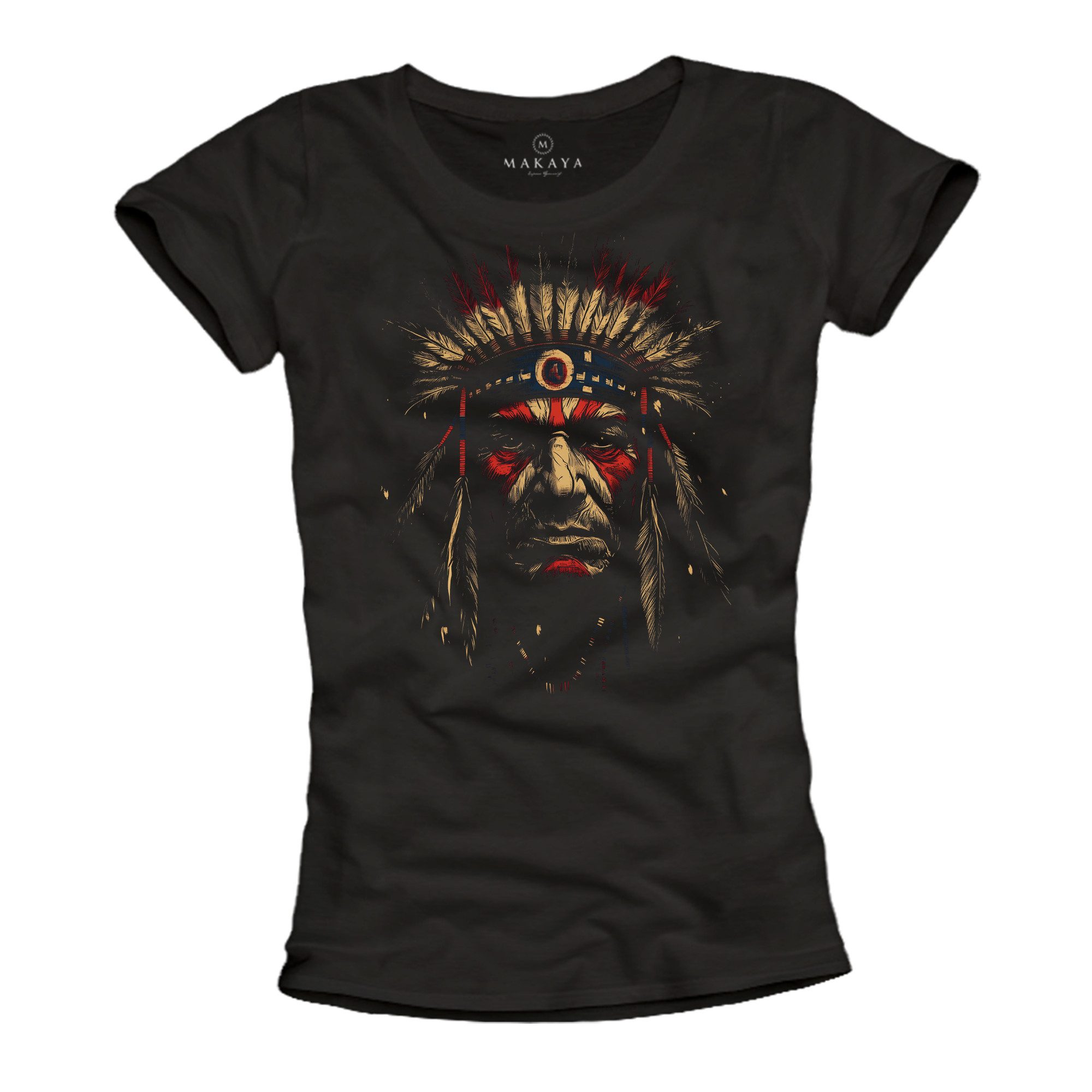 Print-Shirt Damen Native American Motiv Kurzarm Top mit Federn Vintage Frontprint