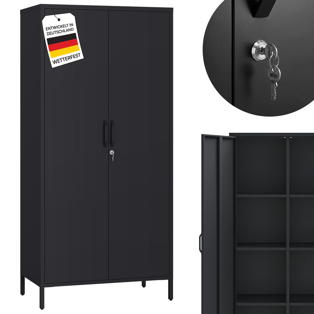 STEELSØN Geräteschrank Menkent aus Metall mit Doppeltür & Schloss (schwarz, Outdoor Schrank) wetterfest & rostfrei, mit 2 Schlüsseln, mit verstellbaren Fächern
