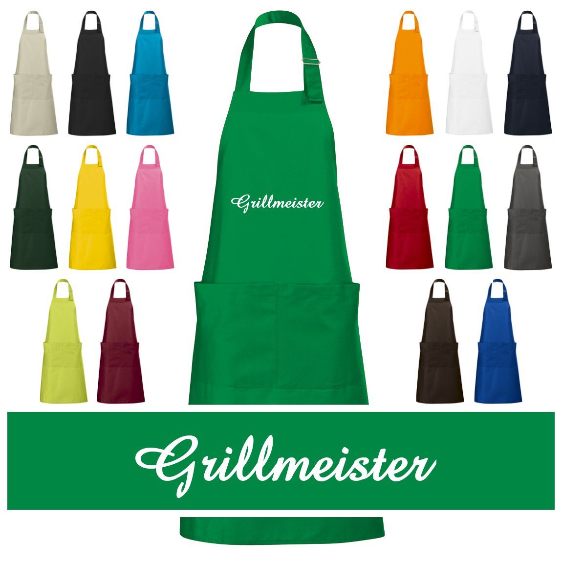Schnoschi Grillschürze Hochwertige Küchenschürze mit Grillmeister bestickt, Grill Schürze, Stickerei Grillmeister, Große Tasche mit 2 Fächern, Metallschlaufe