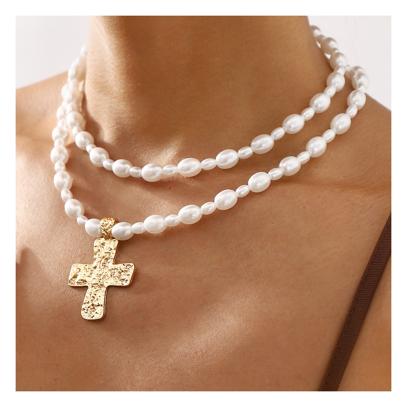 KARMA Perlenketten-Set Kreuz Weiß Gold modern Damen Halskette Kette (Perlen günstig online kaufen