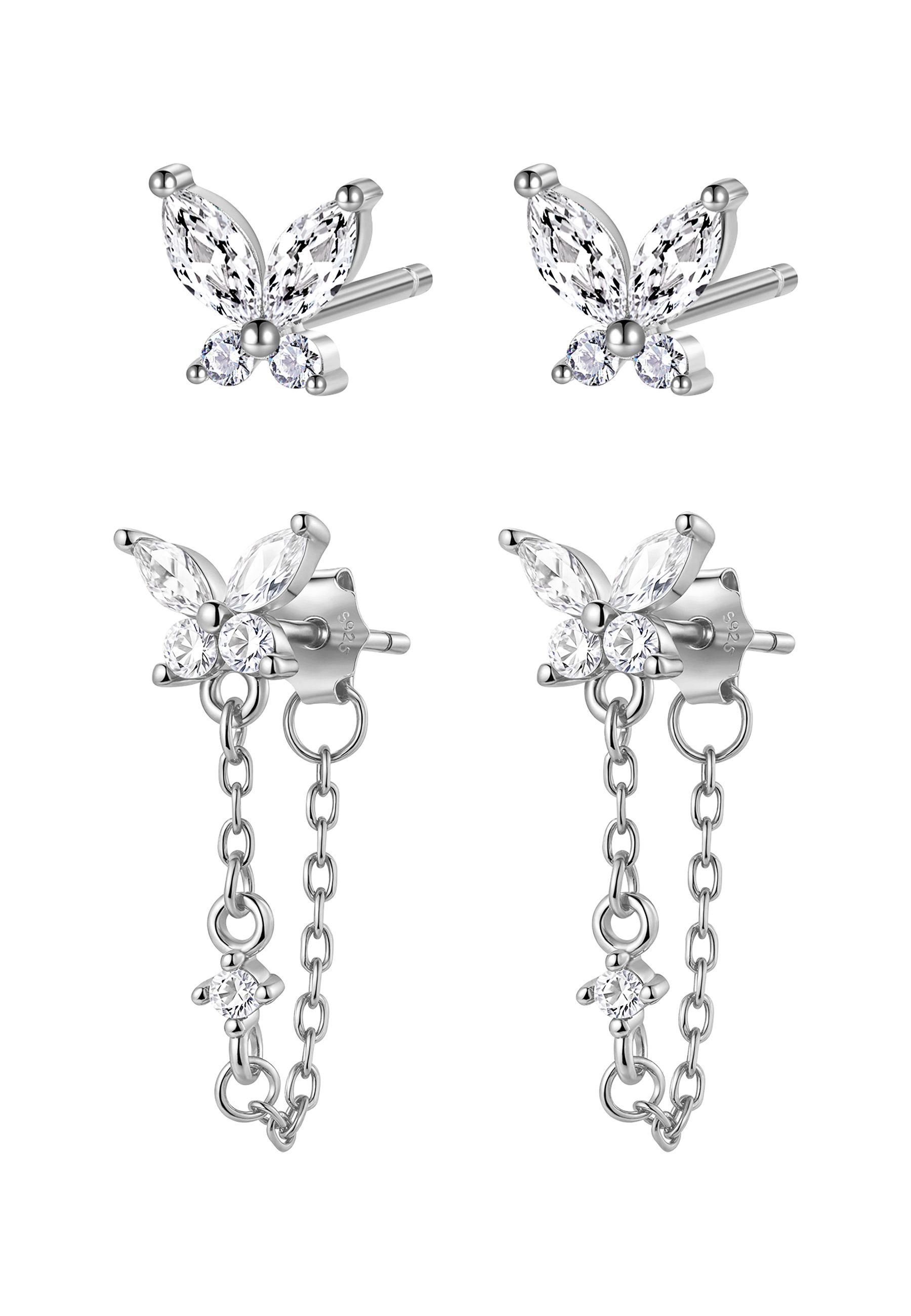 Hey Happiness Ohrstecker-Set Schmetterling Eleganz, 4er Set Ohrringe mit Kettchen & Kristall, Filigrane 925 Silber Ohrringe Damen, Ohrstecker & Kettenohrringe