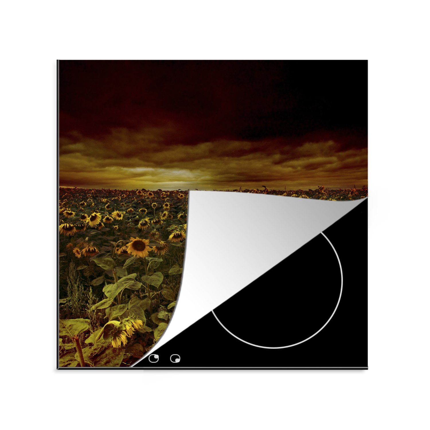 Herdblende-/Abdeckplatte dunklen MuchoWow Wolken, Sonnenblumen (1 Ceranfeldabdeckung, Vinyl, 78x78 tlg), zwischen küche Arbeitsplatte cm, für