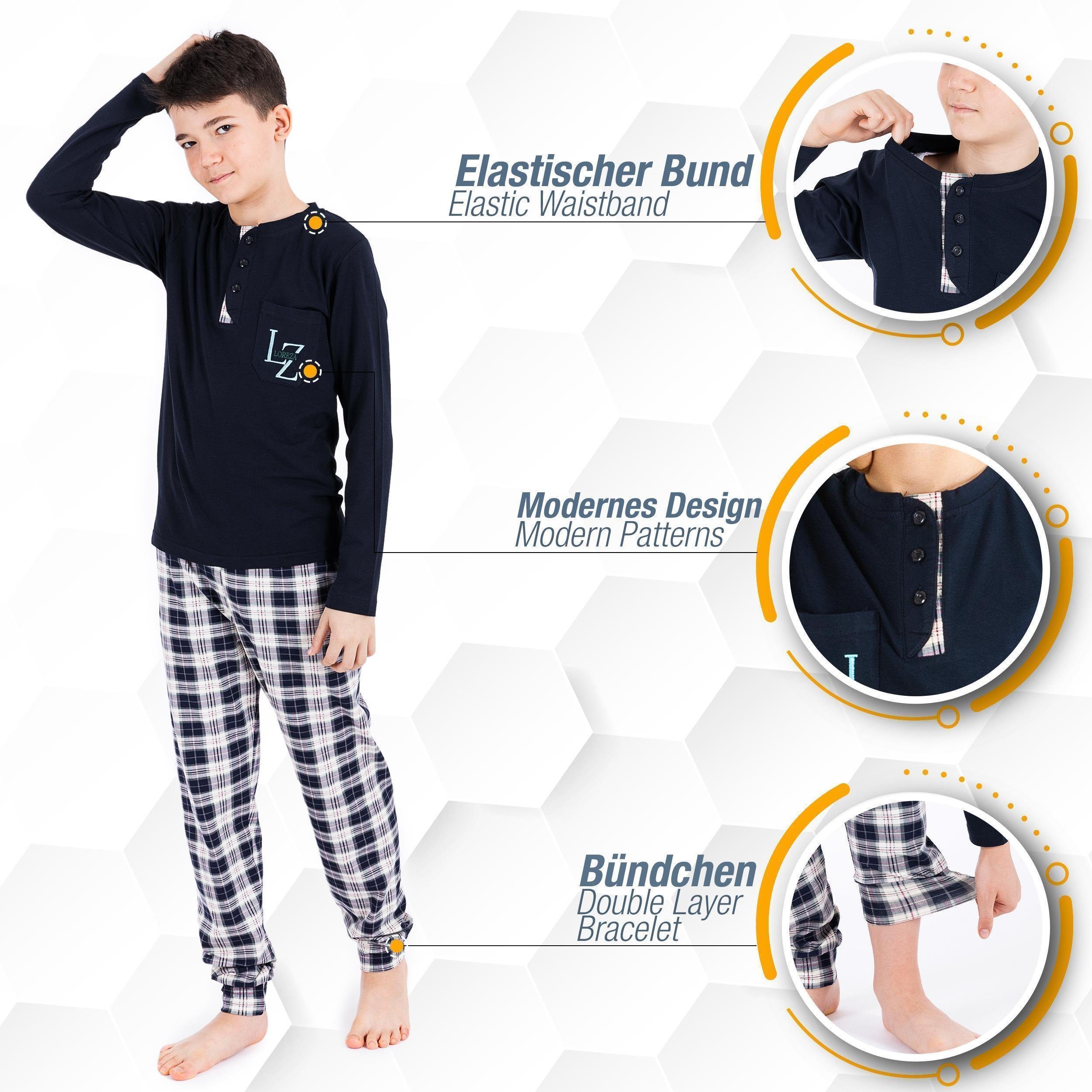 LOREZA Pyjama Jungen Schlafanzug zweiteilig Langarm - Kariert - Mehrfarbig (Set, 2 tlg) – Bild 4 von 5