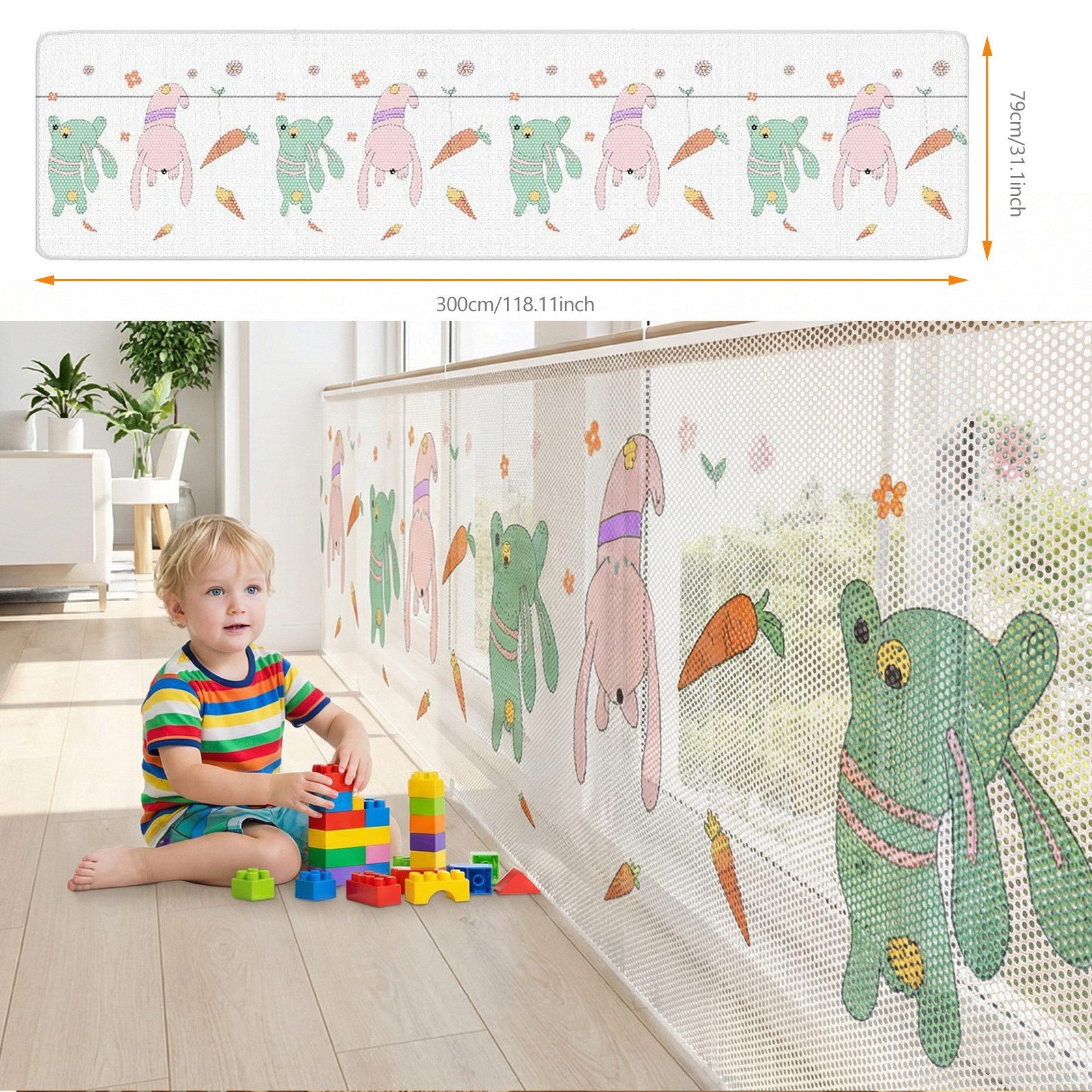 BlingBin Schutznetz 79x300cm Treppen Schutznetz, Treppengeländer Sicherheitsnetz Kinder, BxL: 0.79x3 m, (1er Set, 1-St., Material: Verdicktes Polyestergewebe), Safety Net für Balkongeländer und Treppengeländer, Baby Balkonnetz