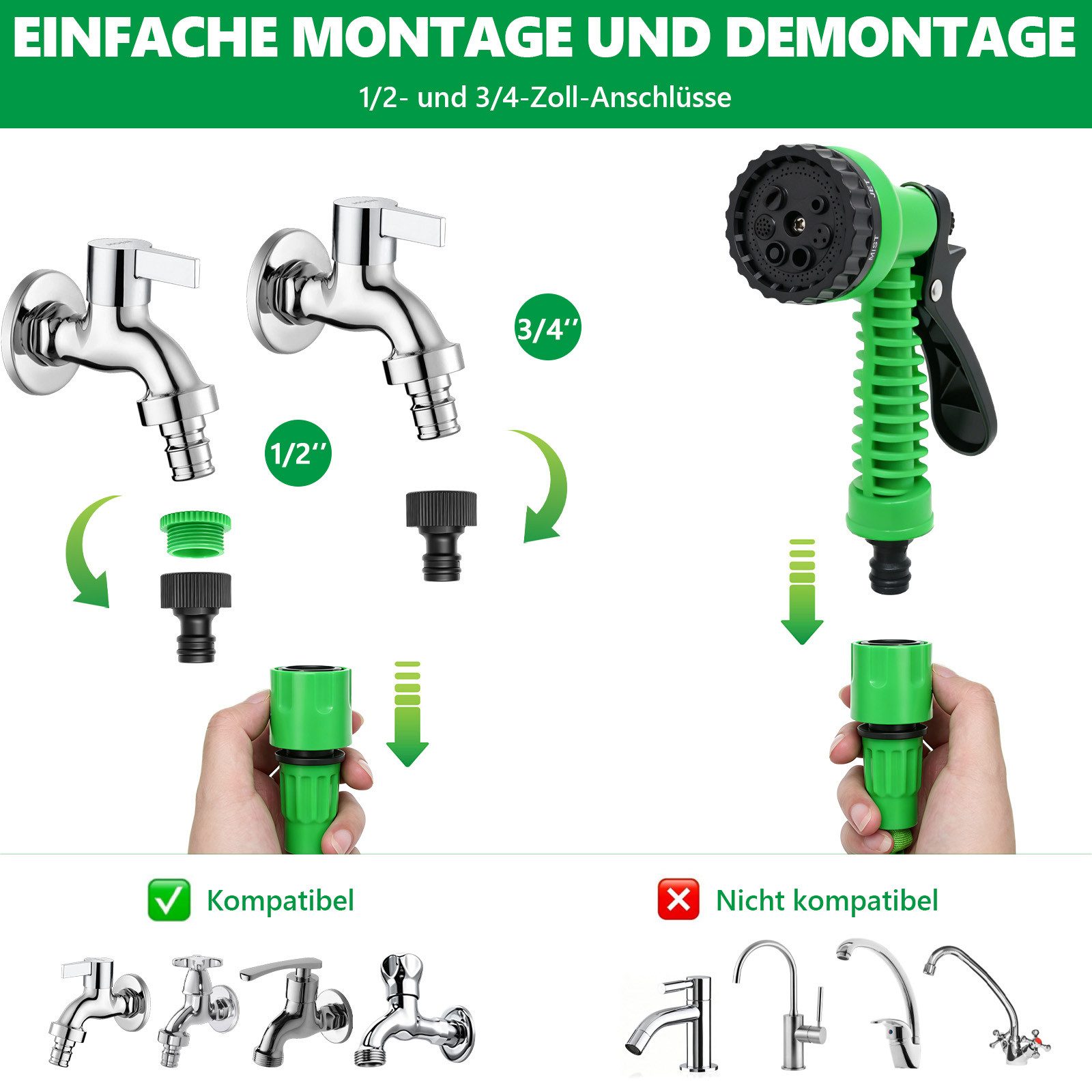 SunJas Gartenschlauch flexibel 15M/30M Dehnbarer Wasserschlauch mit 7 Funktionen Sprühkopf, 1/2" & 3/4" Anschlüsse, Flexibler Schlauch für Garten Bewässerung &  – Bild 4 von 5