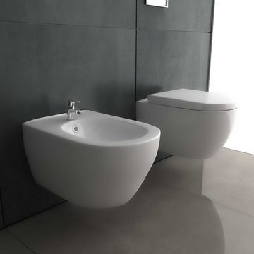 Alpenberger Bidet Komplet SET mit Hänge WC Spülrandlos + WC Sitz mit Absenkautomatik, Oval, wandhängend, waagerecht Abgang, 3-tlg., Set aus Wand WC und Bidet