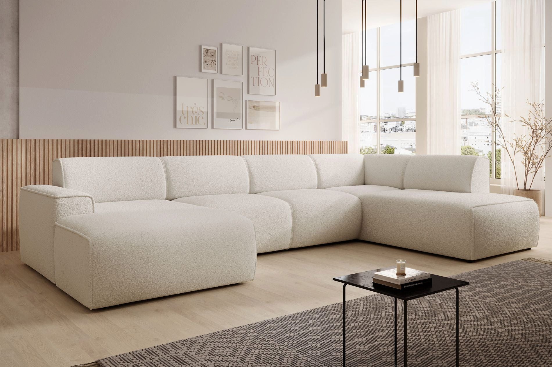 Selsey Ecksofa BOUVI, U-Sofa mit Rückenlehne an der Ottomane, Bouclé