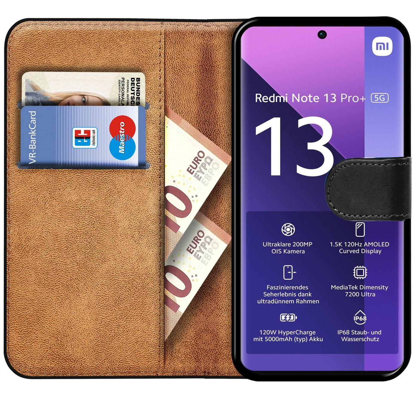 CoolGadget Handyhülle Wallet Klapp Tasche Book Case für Xiaomi Redmi Note 13 Pro+ 5G 6,67 Zoll, Hülle Klapphülle Flip Cover Etui Schutzhülle