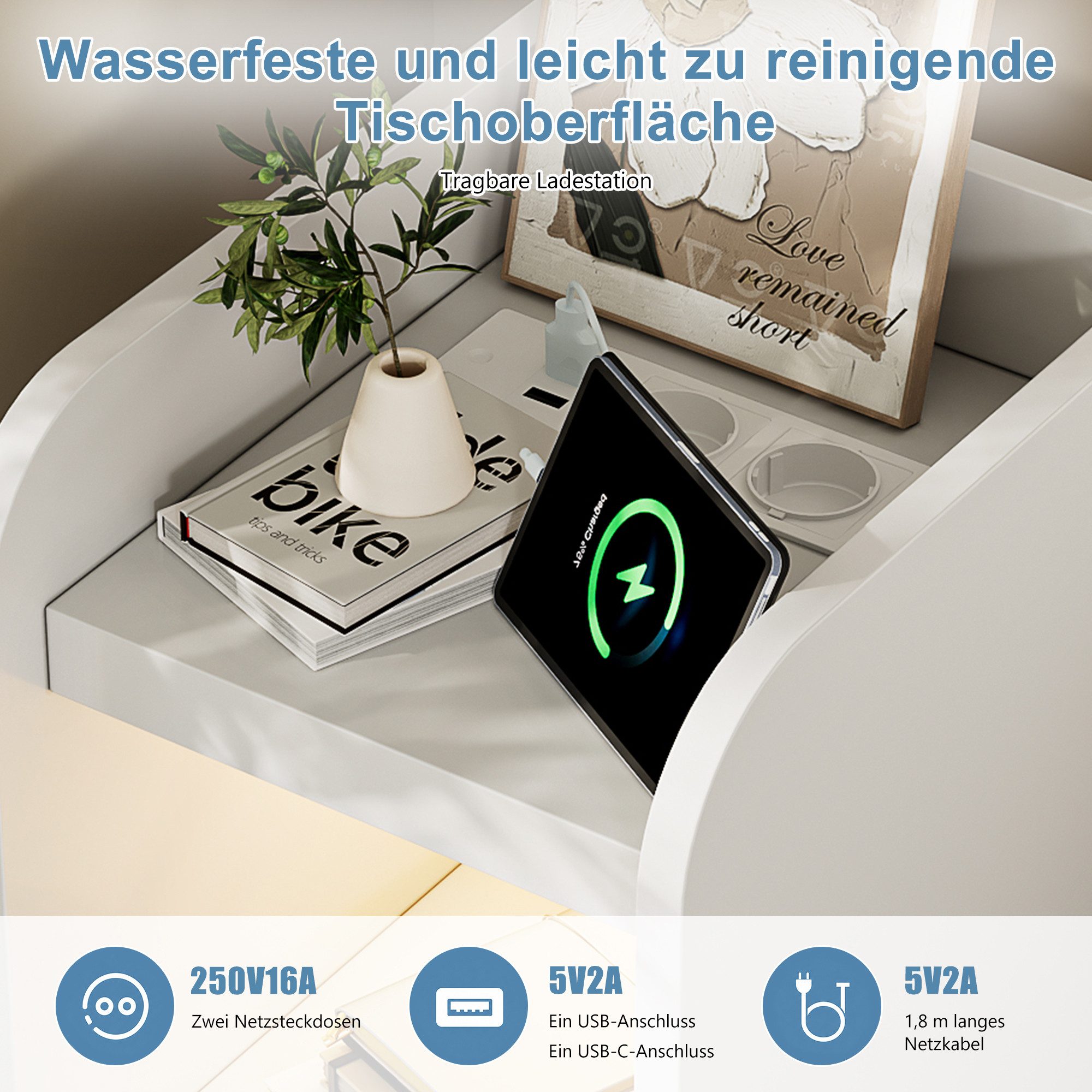 ADWOLT Nachttisch Nachtschrank mit Licht und Ladefunktion Beistelltisch (Set, 1-St., 2er Set), Schmal Beistelltisch mit 1 Schublade